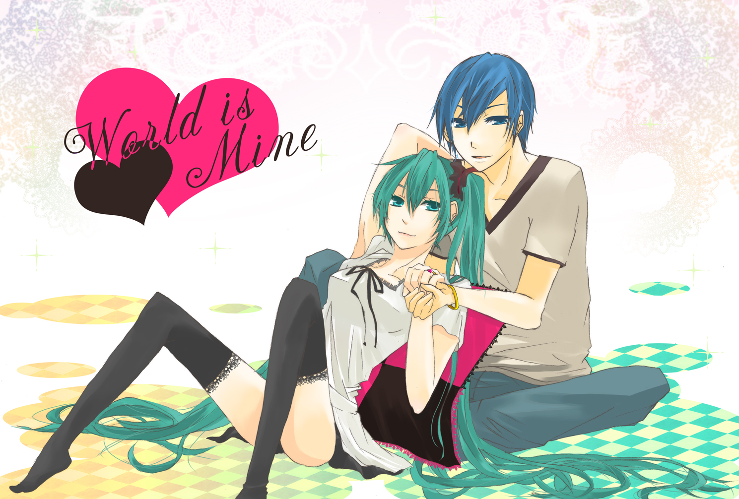 potako, hatsune miku, kaito (vocaloid), vocaloid, world is mine (vocaloid), bad id, bad pixiv id, 1boy, 1girl, aqua hair, long hair, thighhighs, twintails, very long hair