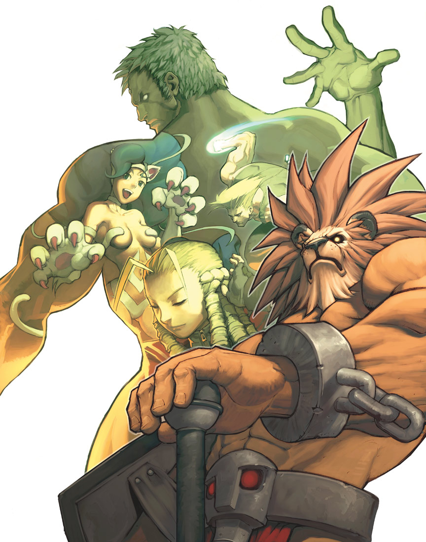 arnold tsang, udon entertainment, felicia (darkstalkers), guile, kanzuki karin, leo (warzard), urien, capcom, capcom fighting jam, darkstalkers, street fighter, street fighter iii (series), street fighter zero (series), warzard, official art, 1990s (style), 2girls, 3boys, :d, animal hands, beard, blonde hair, chain, claws, closed eyes, colored skin, crossover, cuffs, curly hair, drill hair, facial hair, from behind, giant, gloves, green hair, green skin, hammer, looking at viewer, multiple boys, multiple girls, muscular, open mouth, paw gloves, punching, retro artstyle, shackles, shockwave, short hair, simple background, smile, sonic boom (speed), sonic boom (street fighter), standing, topless female, very short hair, white background, yellow eyes