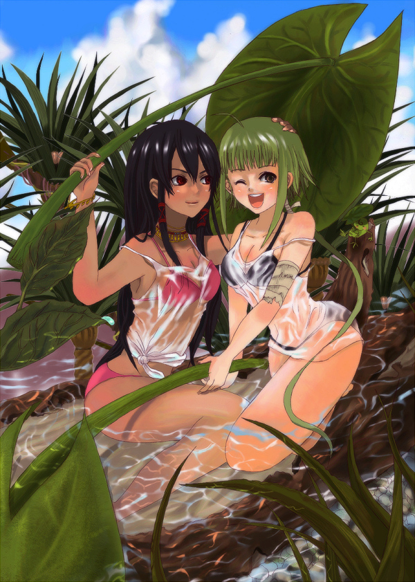 masaki (celesta), motsu, motsu (negima), nagase kaede, tatsumiya mana, mahou sensei negima!, 00s, 2girls, bikini, dark-skinned female, dark skin, day, multiple girls, nature, see-through clothes, shirt, swimsuit, wet, wet clothes, wet shirt