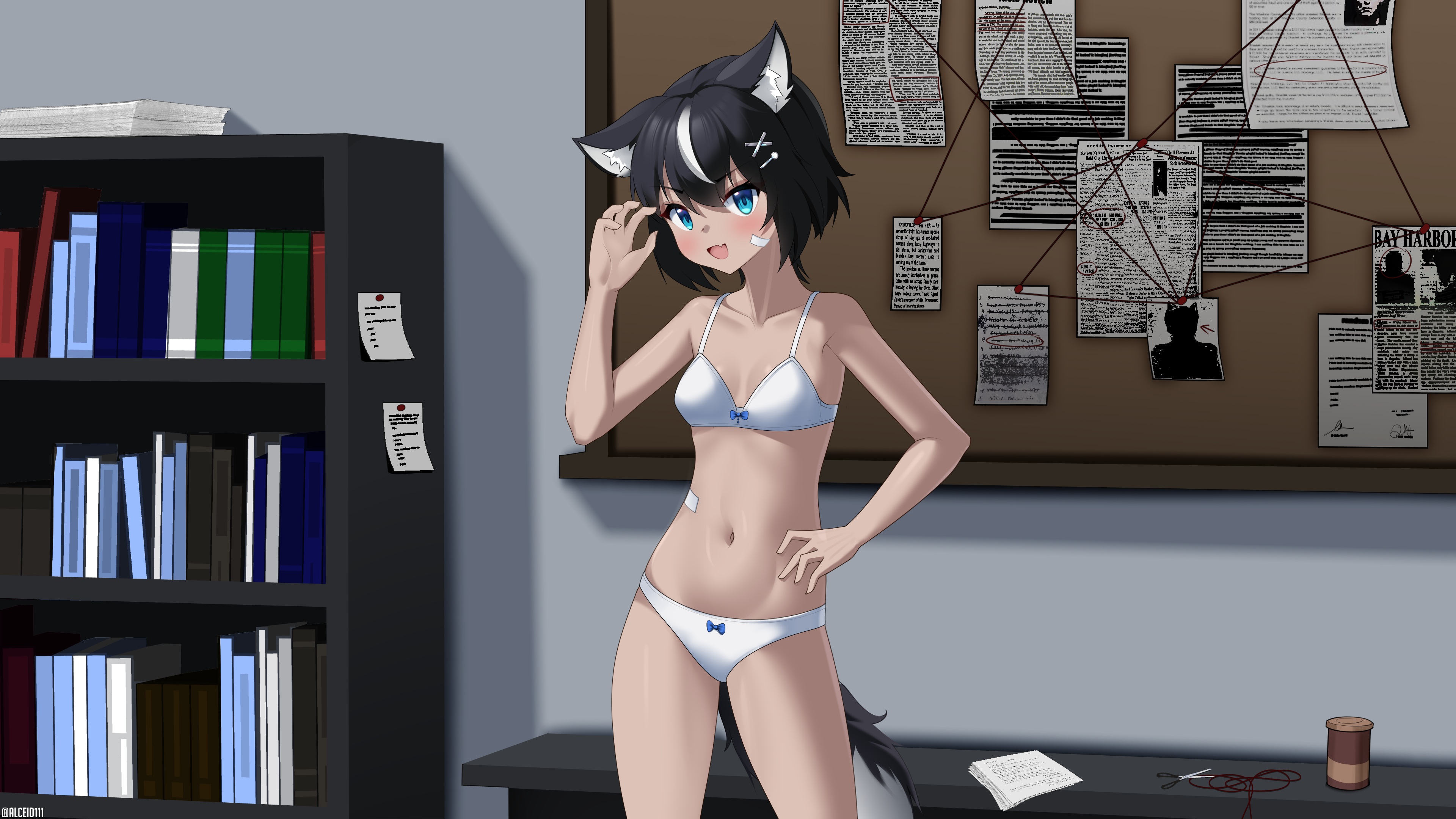 alceid, fangsie fido, variance project, commission, highres, 1girl, animal ears, bandaid, bandaid on face, belly, black hair, blue eyes, book, bookshelf, bra, breasts, dog ears, dog tail, fang, hair ornament, hairclip, indoors, knee up, knees up, looking at viewer, navel, office, open mouth, panties, short hair, skin fang, small breasts, tail, tan, thighs, underwear, underwear only, virtual youtuber, white bra, white panties