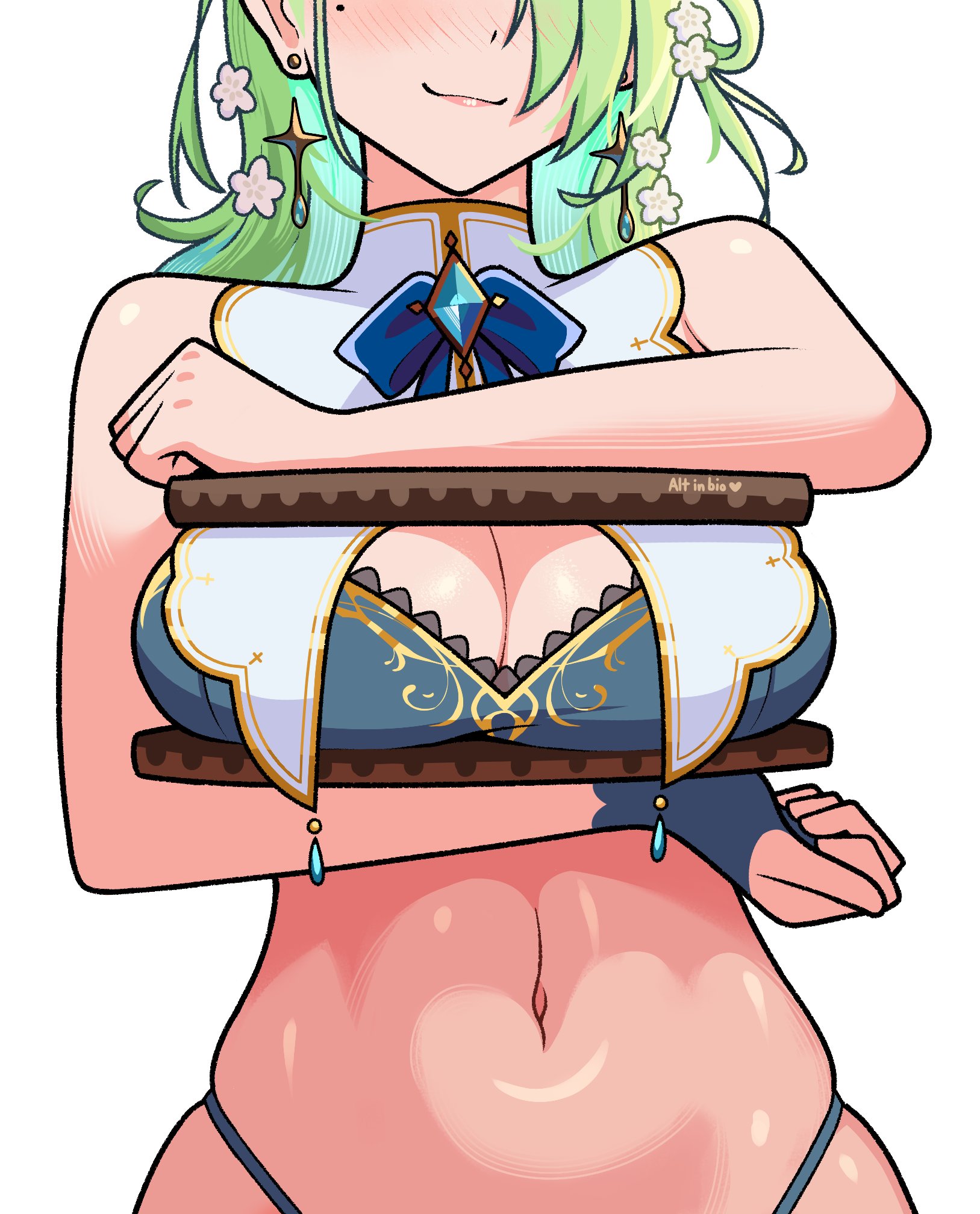 ginotty, ceres fauna, ceres fauna (1st costume), hololive, hololive english, commentary, english commentary, highres, 1girl, blue bow, blue gemstone, blue panties, blush, bow, breasts, cleavage, closed mouth, earrings, english text, fingerless gloves, floating earrings, flower, gem, gloves, green hair, hair flower, hair ornament, heart, highleg, highleg panties, jewelry, large breasts, lips, meme, mole, navel, oreo, panties, shioreos (meme), single fingerless glove, solo, stomach, underwear, virtual youtuber, white flower