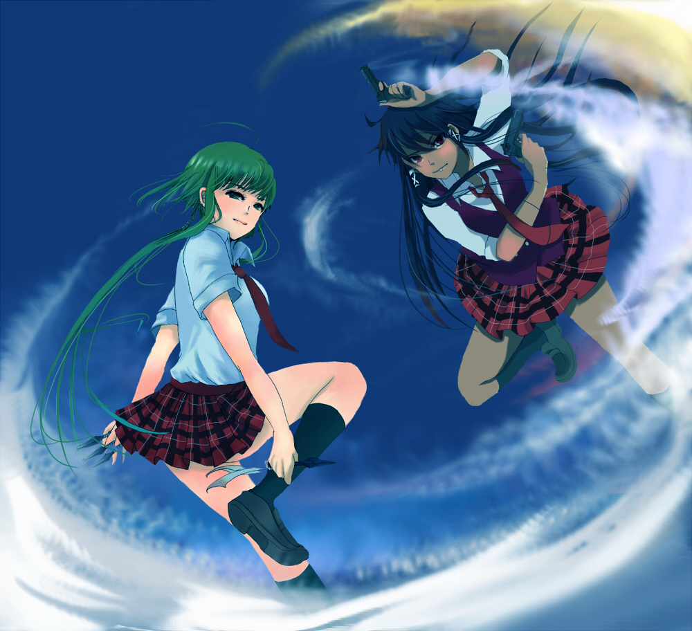 masaki (celesta), nagase kaede, tatsumiya mana, mahou sensei negima!, 00s, dark skin, gun, kunai, plaid clothes, plaid skirt, school uniform, serafuku, skirt, weapon
