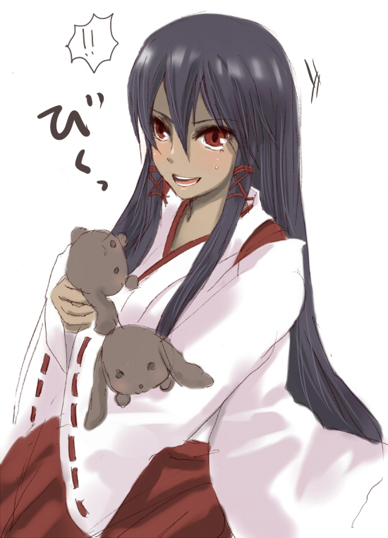 masaki (celesta), tatsumiya mana, mahou sensei negima!, 00s, 1girl, black hair, dark-skinned female, dark skin, dog, female focus, hakama, hakama skirt, japanese clothes, long hair, miko, red eyes, red hakama, skirt, solo