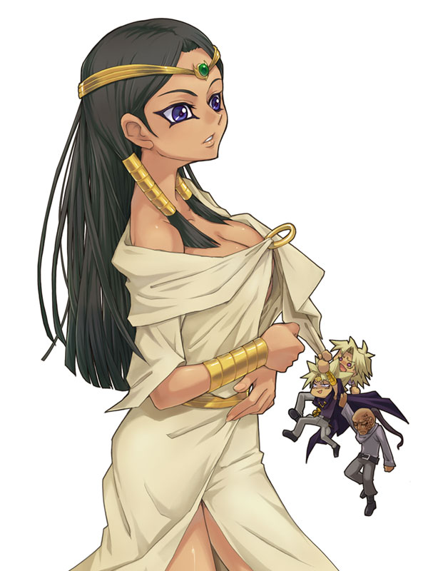 yukitsuki hisa, ishizu ishtar, marik ishtar, rishid ishtar, yami marik, yu-gi-oh!, yu-gi-oh! duel monsters, 1girl, 3boys, ancient egyptian, black hair, breasts, brother and sister, brothers, cleavage, dark-skinned female, dark persona, dark skin, dual persona, eyeshadow, long hair, makeup, multiple boys, purple eyes, siblings