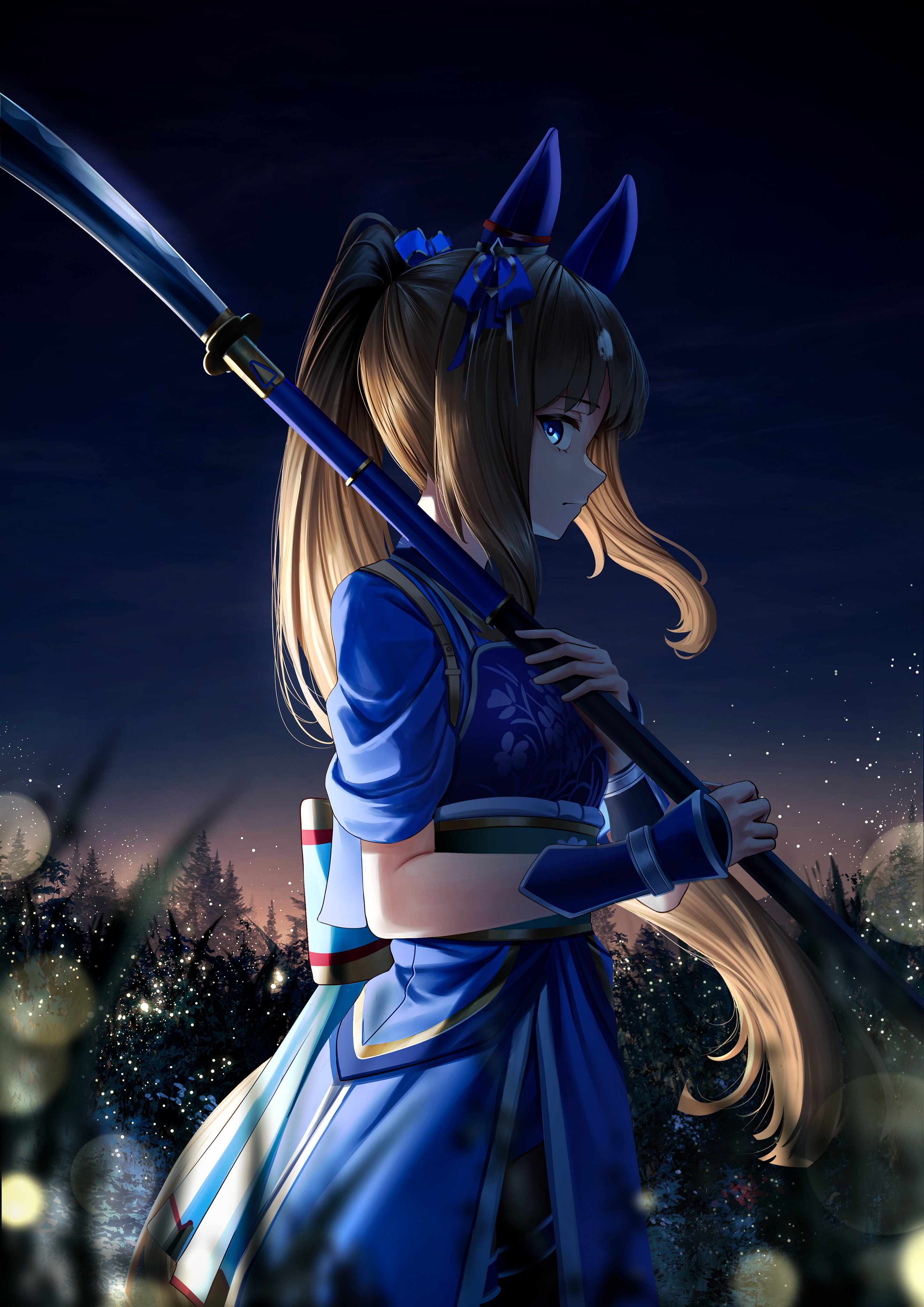 manjo (warito), grass wonder (honor of the blue flame) (umamusume), grass wonder (umamusume), umamusume, absurdres, commentary, english commentary, highres, textless version, 1girl, animal ears, armor, blue eyes, blue kimono, blurry, bokeh, breasts, brown hair, closed mouth, depth of field, ear covers, from side, hair between eyes, hair ornament, holding, holding polearm, holding weapon, horse ears, horse girl, japanese armor, japanese clothes, kimono, long hair, naginata, official alternate costume, official alternate hairstyle, polearm, ponytail, solo, weapon