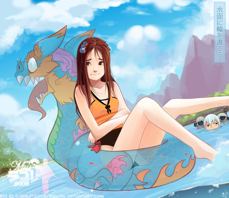 shaun healey, lilith (endling), ree (shaun healey), original, silver hair, 2girls, barefoot, brown eyes, brown hair, casual one-piece swimsuit, cloud, crossed arms, day, dragon, hair ornament, hairpin, innertube, mountain, multiple girls, one-piece swimsuit, partially submerged, see-through clothes, skull, soaking feet, sunglasses, swim ring, swimsuit, water
