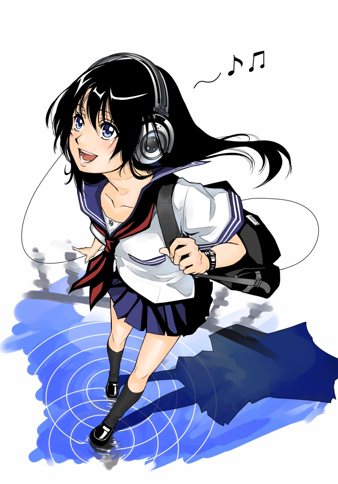 kurogin, original, bad id, bad pixiv id, black hair, blue eyes, headphones, legs, long hair, school uniform, serafuku, skirt, smile, solo, water