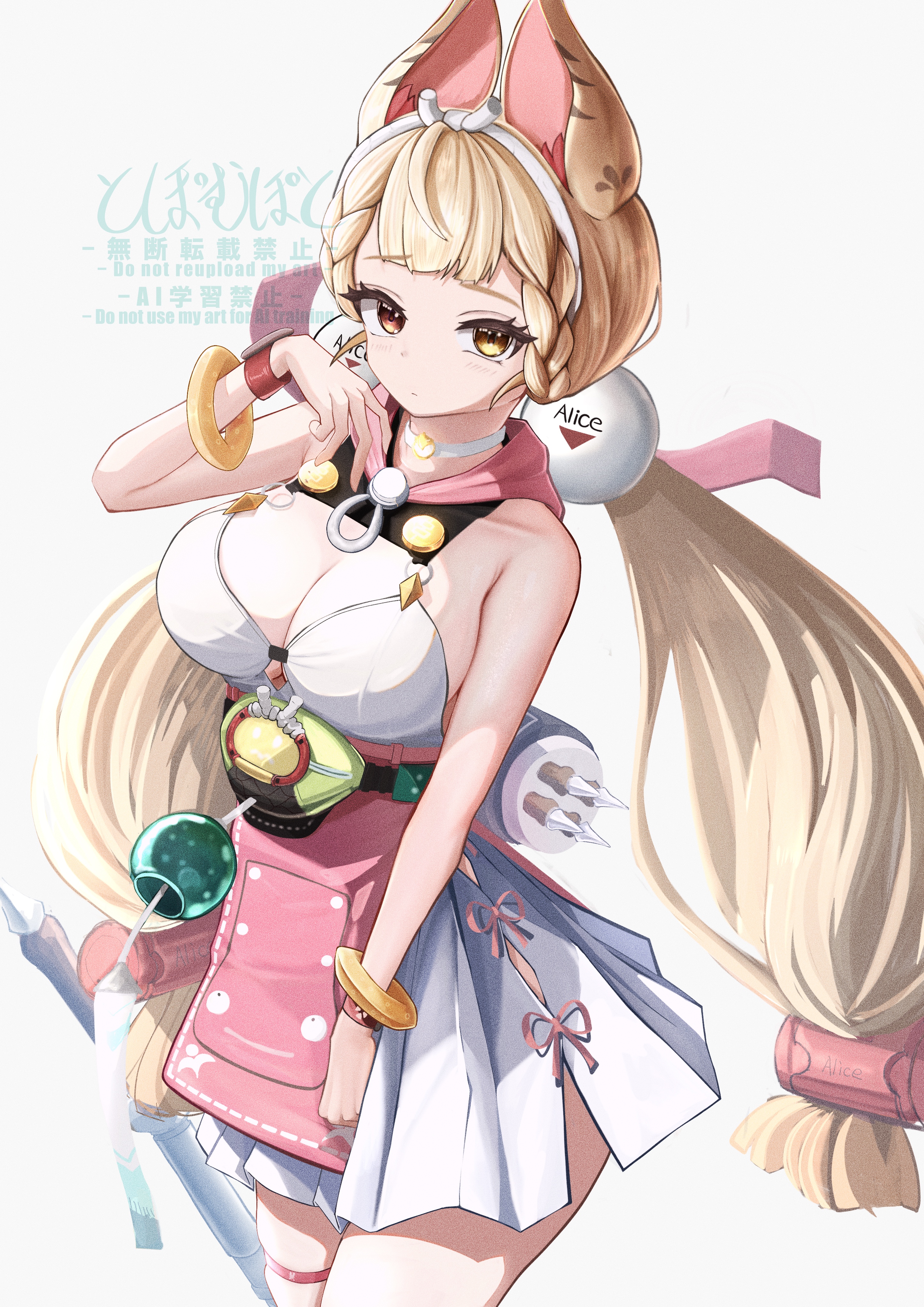 yukiwashibi, alice thymefield, alice thymefield (sea of thyme), zenless zone zero, absurdres, commentary request, highres, 1girl, animal ears, blonde hair, breasts, choker, cleavage, closed mouth, heterochromia, large breasts, long hair, looking at viewer, low twintails, official alternate costume, one-piece swimsuit, rabbit ears, rabbit girl, red eyes, solo, swimsuit, twintails, very long hair, white choker, white one-piece swimsuit, yellow eyes