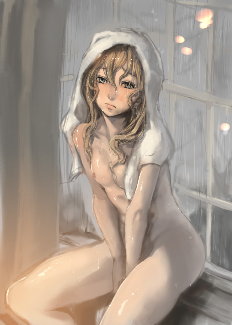 mumu, original, bad id, bad pixiv id, 1girl, blonde hair, blue eyes, female focus, loli, long hair, nude, rain, sad, solo, towel, wet, window