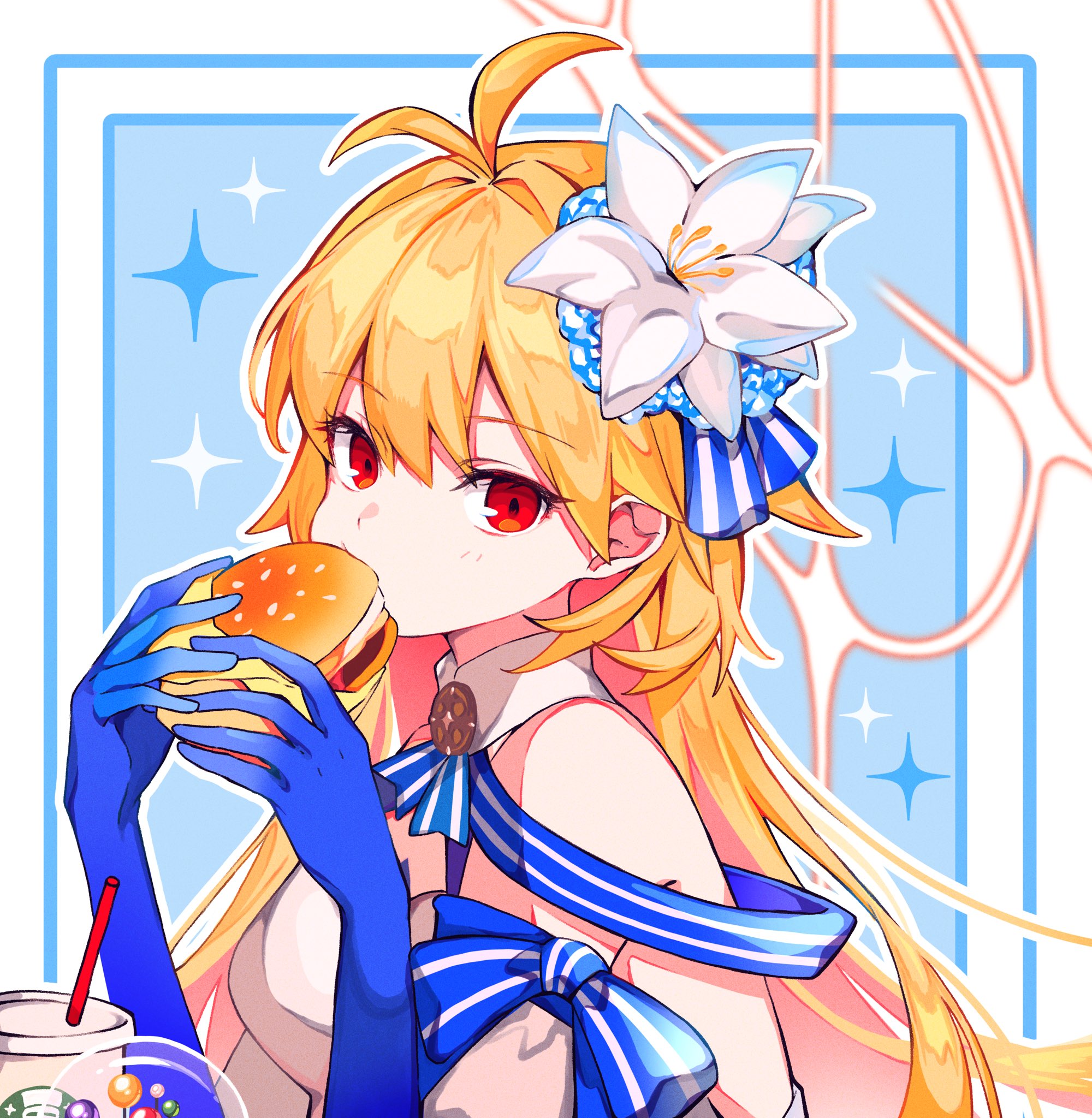 yui (tamagohan), archetype earth, arcueid brunestud, fate/grand order, fate (series), tsukihime, highres, 1girl, bare shoulders, blonde hair, blue background, border, burger, cup, dress, eating, food, halo, long hair, looking at viewer, red eyes, simple background, solo, sparkle, white border, white dress