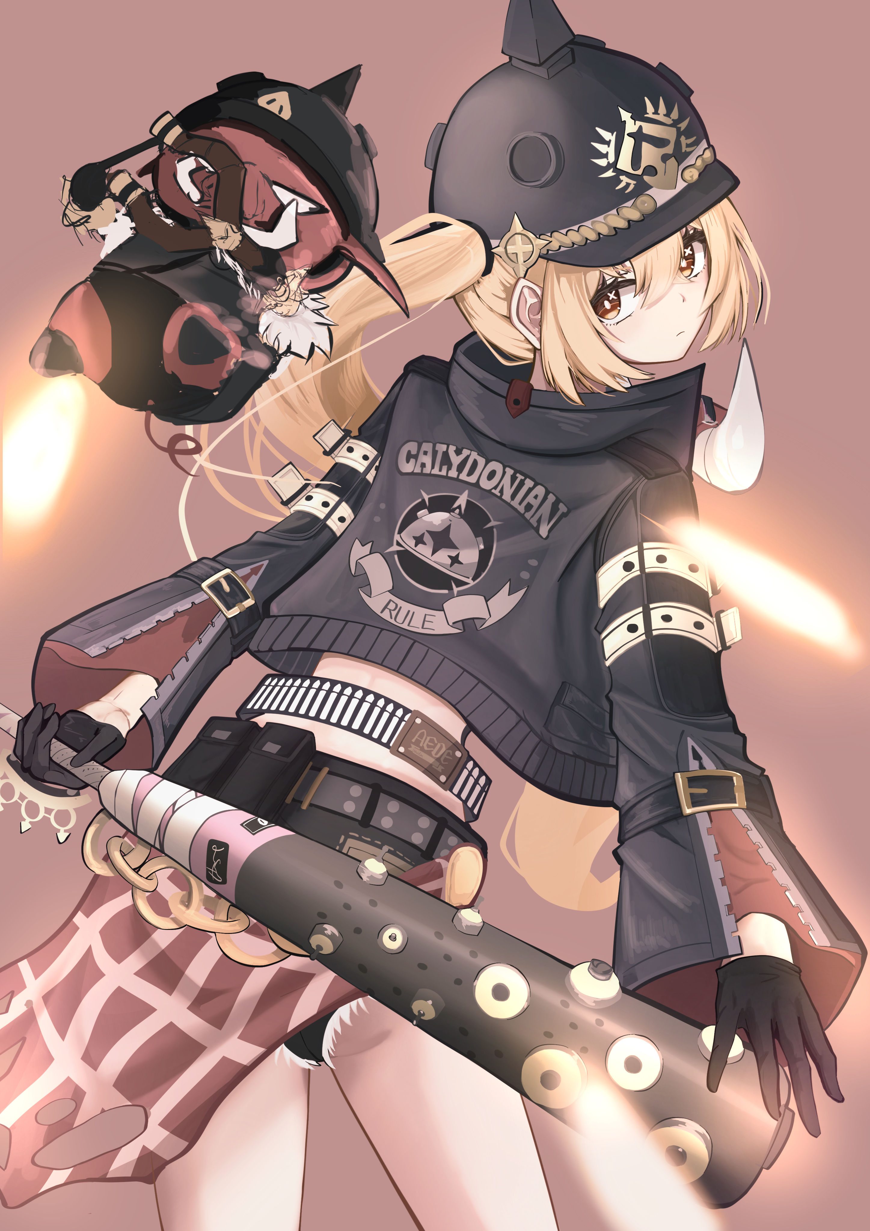 yukiwashibi, luciana de montefio, zenless zone zero, absurdres, highres, 1girl, baseball bat, black gloves, black hat, black jacket, black shorts, blonde hair, closed mouth, gloves, hat, holding, holding baseball bat, jacket, looking at viewer, medium hair, one side up, pink background, red eyes, short shorts, shorts, sidelocks, solo