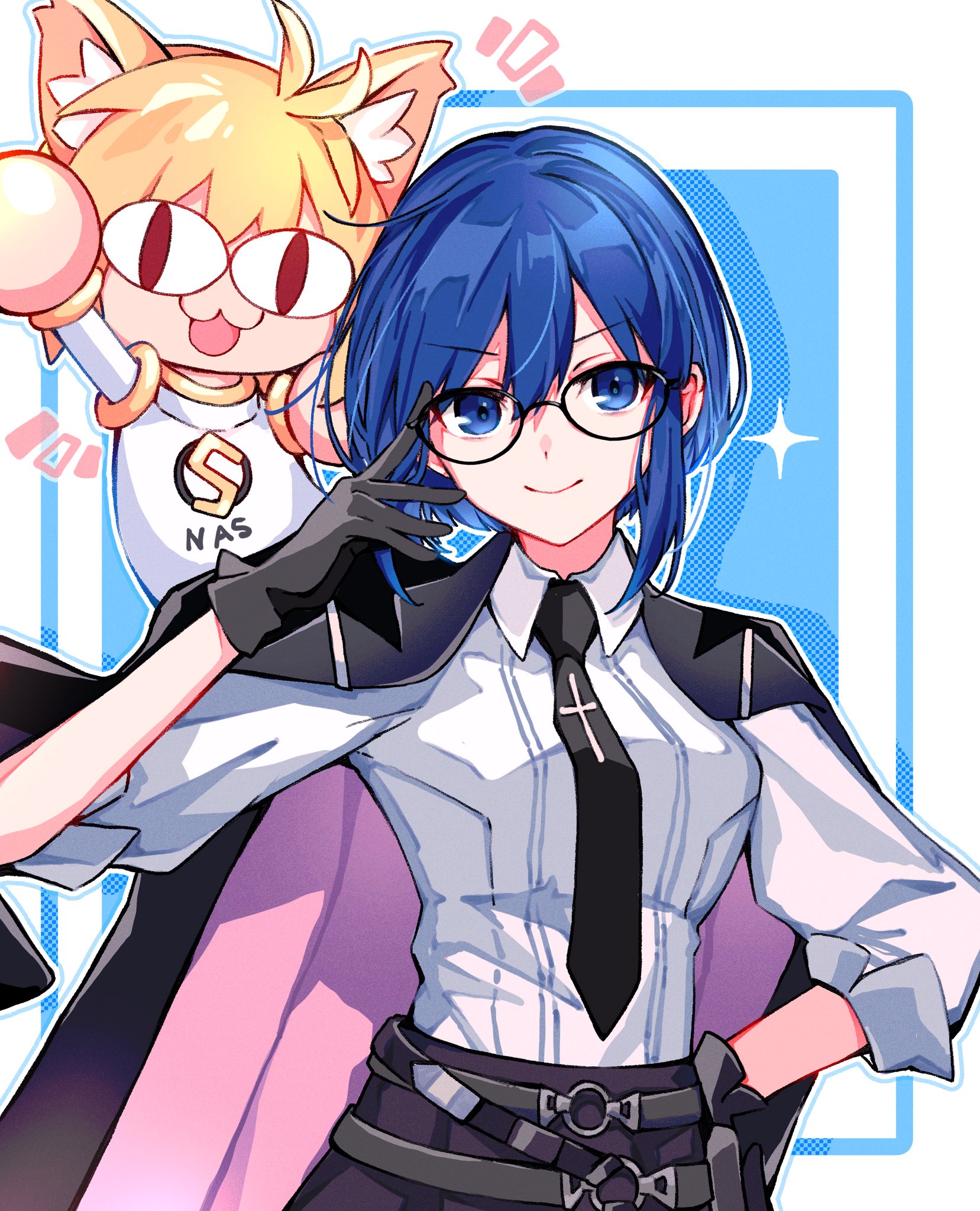 yui (tamagohan), ciel (tsukihime), neco-arc, fate/grand order, fate (series), tsukihime, tsukihime (remake), highres, 2girls, black coat, black necktie, blonde hair, blue background, blue eyes, blue hair, border, breasts, coat, coat on shoulders, cowboy shot, multiple girls, necktie, red eyes, shirt, short hair, simple background, white border, white shirt