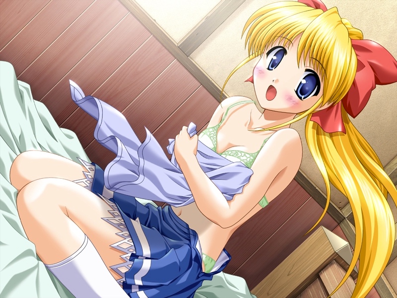 bekkankou, leticia apple, princess holiday, game cg, 00s, 1girl, bed, blonde hair, blue eyes, bra, covering privates, dutch angle, female focus, kneeling, lingerie, long hair, panties, ponytail, solo, underwear, undressing