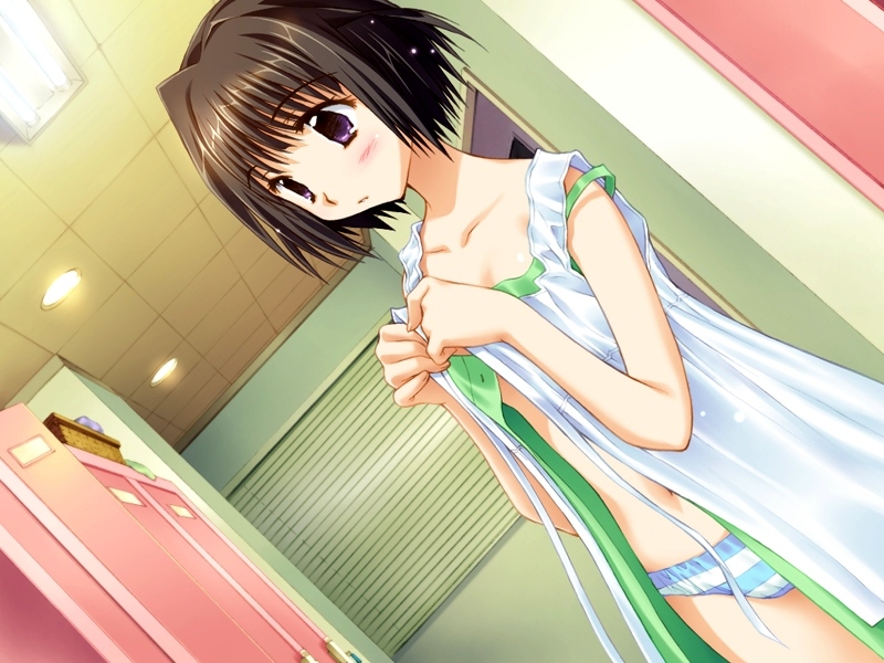 kadoi aya, wakui saki, tamatama, game cg, 1girl, blush, brown hair, dress, female focus, locker, locker room, open clothes, open dress, panties, purple eyes, short hair, solo, striped clothes, striped panties, underwear, undressing