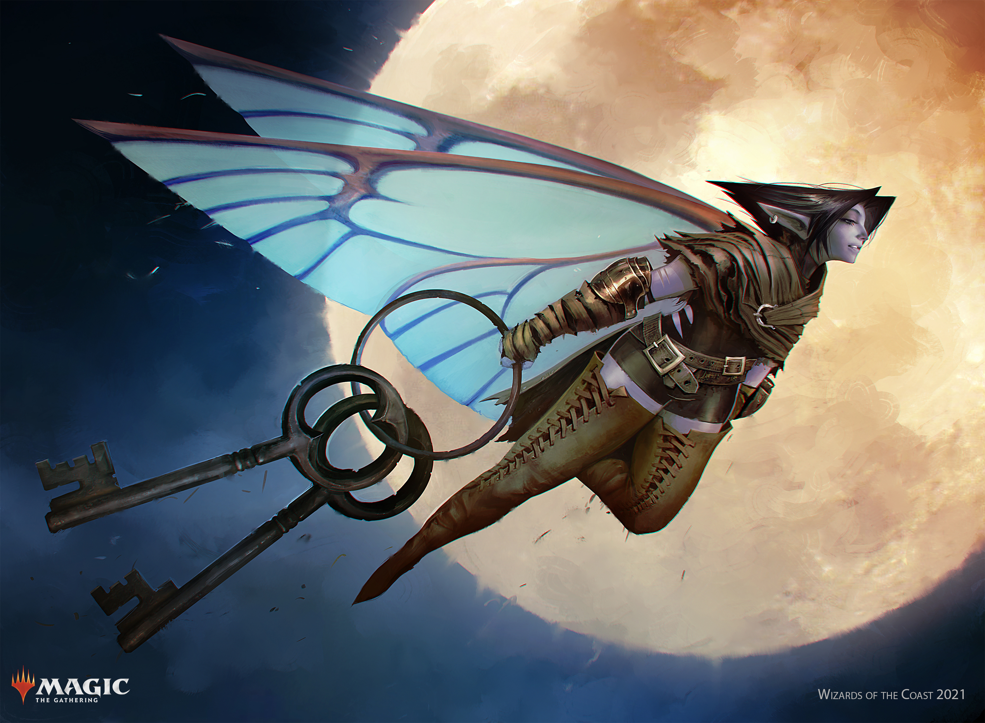 magic: the gathering, absurdres, highres, 1other, alexandre chaudret, bandaged arm, bandages, belt, boots, colored skin, earrings, fairy, fairy wings, flying, full body, hair intakes, jewelry, key, keyring, medium hair, moon, pointy ears, purple skin, romper, thigh boots, wings