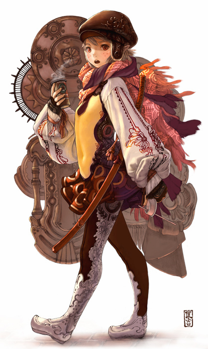 masakichi, original, bell sleeves, coffee, fashion, fingerless gloves, freckles, full body, gloves, hat, katana, pointy ears, red eyes, scarf, short hair, solo, standing, steampunk, sword, weapon