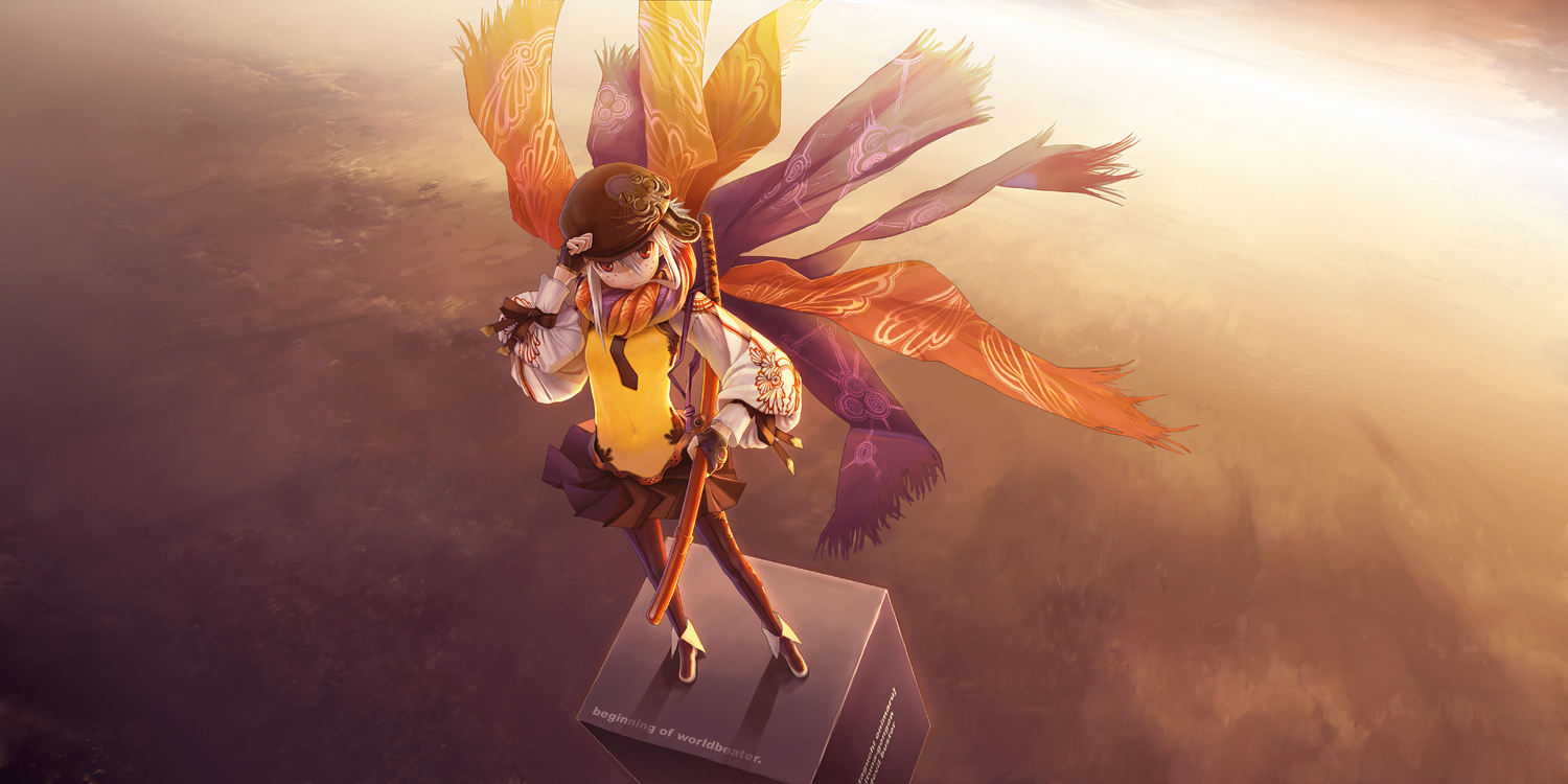 masakichi, original, long image, wide image, 1girl, cube, female focus, fingerless gloves, flying, freckles, from above, gloves, grey hair, hat, horizon, katana, pantyhose, red eyes, scarf, short hair, skirt, solo, sword, weapon, white hair