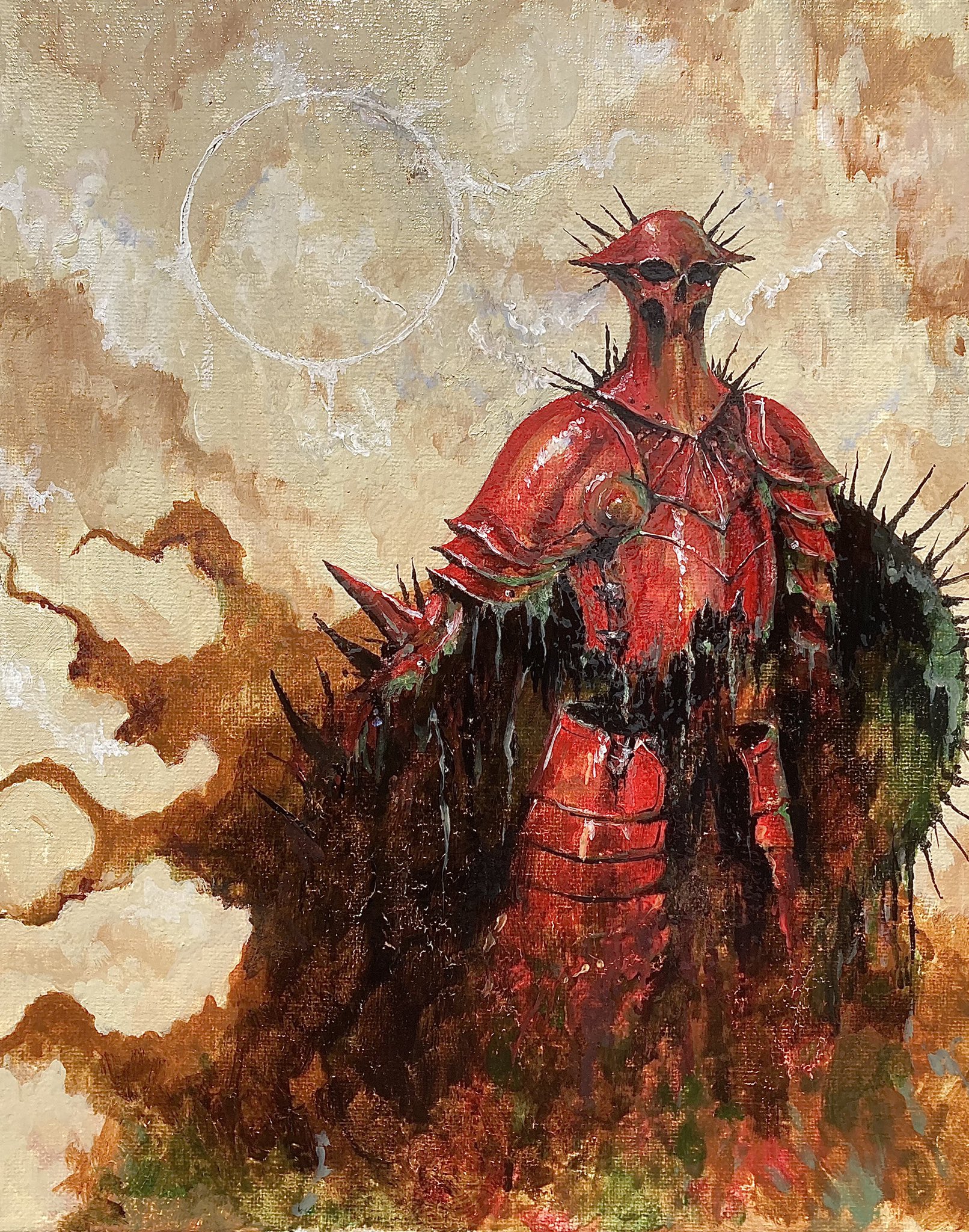 original, highres, oil painting (medium), painting (medium), traditional media, 1other, alexandre chaudret, armor, helmet, knight, mask, pauldrons, red armor, shoulder armor, skull mask, solo, spiked armor, spiked shield, spikes, standing, tassets