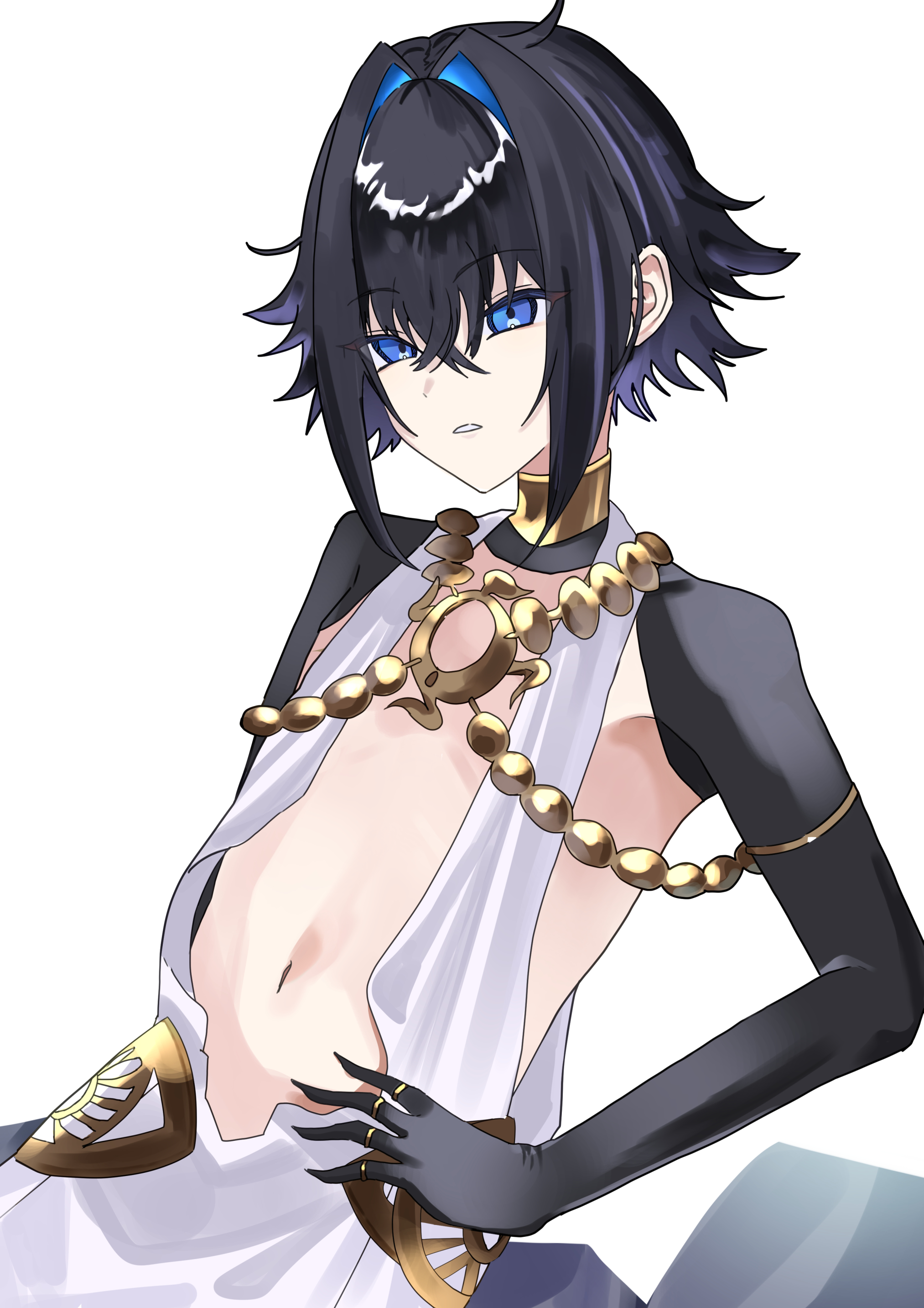 yuritoame, fate/grand order, fate (series), absurdres, highres, 1boy, androgynous, armlet, black hair, black shrug, blue eyes, blue hair, center opening, jewelry, long sleeves, looking at viewer, multicolored hair, navel, neck ring, necklace, raven (fate), shirt, short hair, shrug (clothing), solo, two-tone hair, white shirt