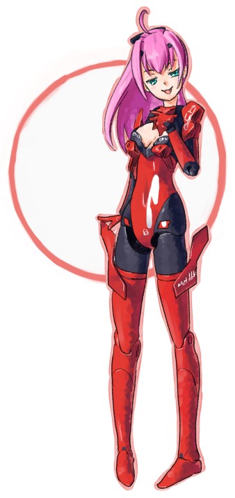 ach, daizan (mount position), busou shinki, 10s, 1girl, :p, ahoge, aqua eyes, doll joints, female focus, hand on own chest, joints, long hair, pigeon-toed, pink hair, solo, tongue, tongue out