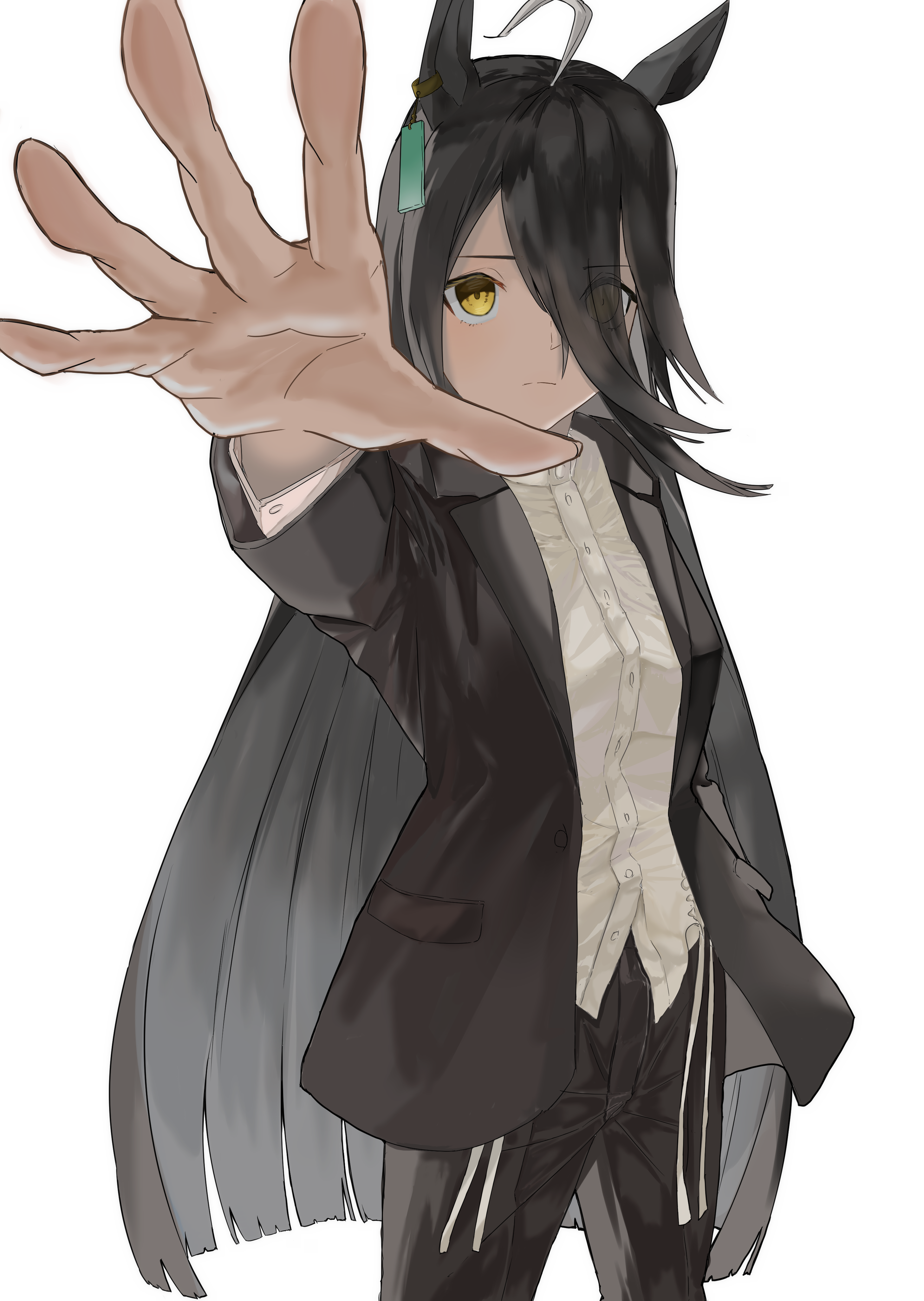 shiro kuro (blackhobby), manhattan cafe (umamusume), umamusume, absurdres, highres, 1girl, ahoge, animal ears, arm up, black hair, black jacket, black pants, closed mouth, ear ornament, ear tag, earrings, eyes visible through hair, frown, hair between eyes, hair over one eye, horse ears, horse girl, jacket, jewelry, long bangs, long hair, long hair between eyes, multicolored hair, open clothes, open hand, open jacket, pants, reaching, reaching towards viewer, simple background, single earring, slingshot swimsuit, solo, split mouth, swimsuit, very long hair, white background, white hair, white slingshot swimsuit, yellow eyes