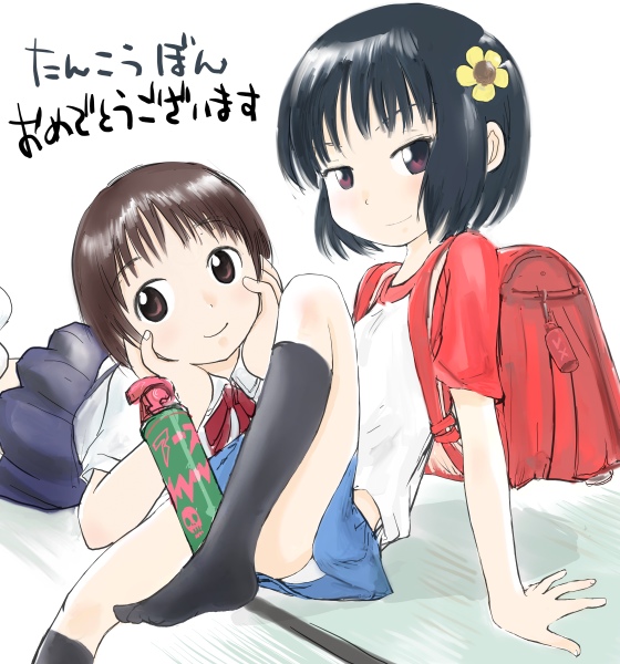 kashmir, omasede gomen, 2girls, backpack, bag, black hair, female focus, flower, hair flower, hair ornament, kneehighs, looking at viewer, multiple girls, no shoes, on floor, panties, raglan sleeves, randoseru, simple background, sitting, skirt, smile, socks, underwear, white background