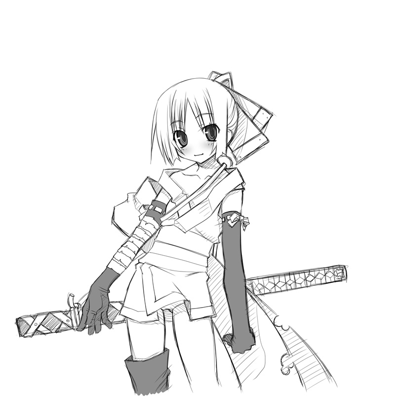 sakuya tsuitachi, original, 1girl, blush, boots, contrapposto, elbow gloves, female focus, gloves, greyscale, japanese clothes, kimono, looking at viewer, monochrome, ninja, sheath, sheathed, short hair, simple background, single boot, solo, standing, thigh boots, thighhighs, white background