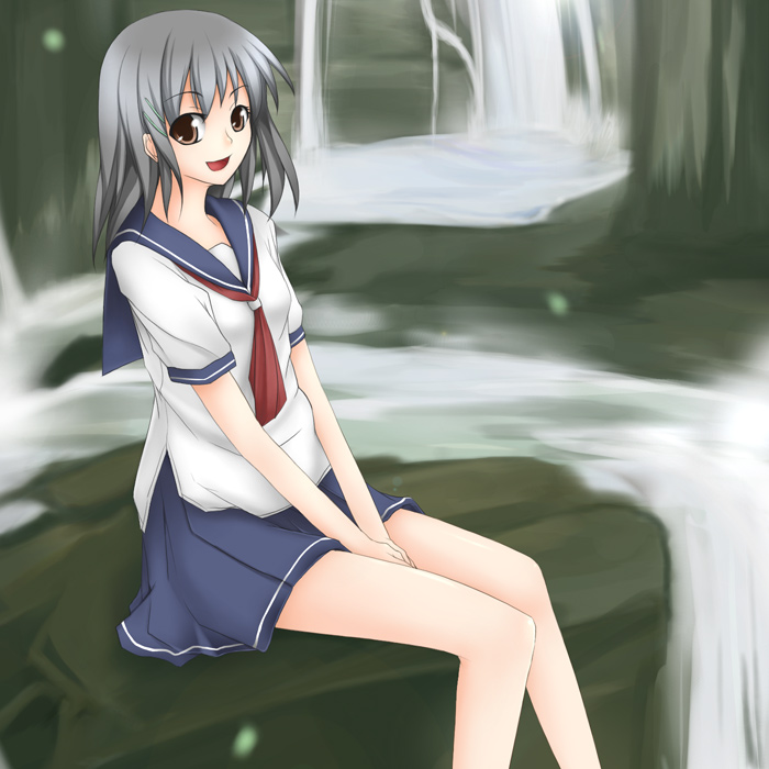 mitsuki (pixiv11671), mitsuki (toriaezu), original, silver hair, 1girl, :d, between legs, blue sailor collar, blue skirt, brown eyes, female focus, hand between legs, looking at viewer, open mouth, outdoors, pleated skirt, river, sailor collar, school uniform, serafuku, shirt, skirt, smile, solo, splashing, water, waterfall, white shirt