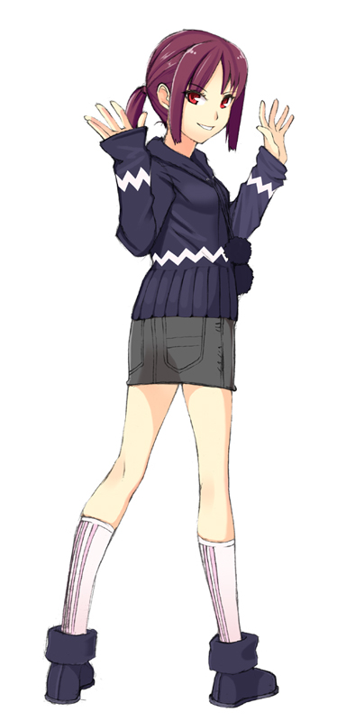 gin (ginshari), original, 1girl, arms up, boots, female focus, hood, legs, looking back, naughty face, pencil skirt, ponytail, red eyes, red hair, skirt, smile, socks, solo, sweater