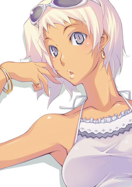toruneko, original, 1girl, armpits, dark-skinned female, dark skin, earrings, eyewear on head, female focus, grey eyes, jewelry, short hair, simple background, solo, sunglasses, tan, white hair