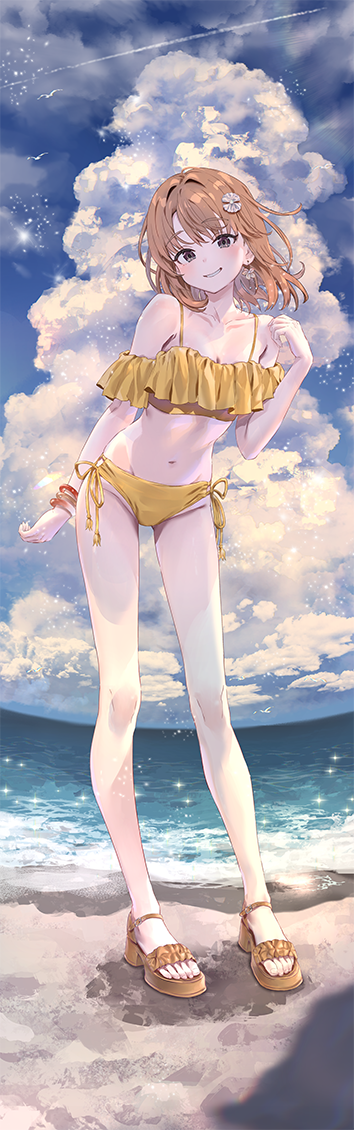 ponkan 8, isshiki iroha, yahari ore no seishun lovecome wa machigatteiru., 1girl, beach, bikini, blush, bracelet, breasts, brown eyes, brown hair, cleavage, clenched teeth, cloud, cloudy sky, collarbone, cumulonimbus cloud, flower, full body, hair flower, hair intakes, hair ornament, hand up, horizon, jewelry, looking at viewer, medium hair, multiple bracelets, navel, ocean, outdoors, platform sandals, sand, sandals, shore, side-tie bikini bottom, sky, small breasts, solo, standing, swimsuit, teeth, thighs, toes, water, yellow bikini