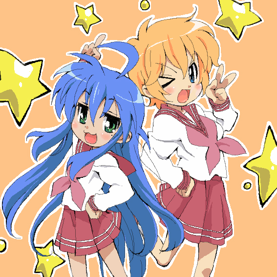 fujimoto satoru, izumi konata, patricia martin, lucky star, hand gesture, 00s, 2girls, :d, ;d, ahoge, arm up, blue eyes, blue hair, green eyes, index finger raised, leg up, long sleeves, looking at viewer, mole, mole under eye, multiple girls, neckerchief, one eye closed, open mouth, orange background, orange hair, pink neckerchief, red skirt, school uniform, serafuku, shirt, simple background, skirt, smile, standing, standing on one leg, white shirt