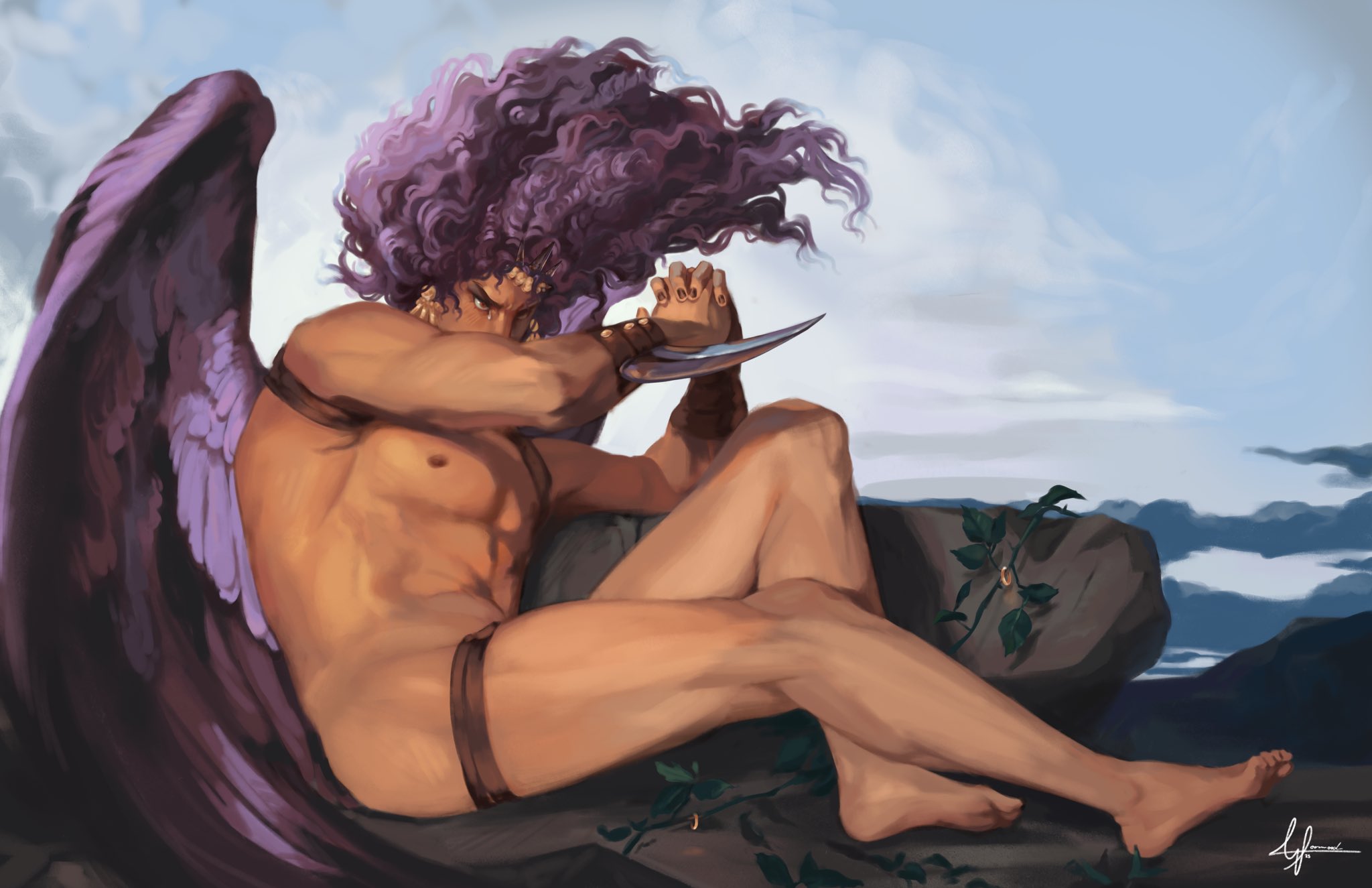kars (jojo), battle tendency, jojo no kimyou na bouken, the fallen angel (painting), commentary, english commentary, highres, 00wormwood, 1boy, arm blade, bara, barefoot, blue sky, bracer, cloud, cloudy sky, day, earrings, feathered wings, floating hair, full body, horns, interlocked fingers, jewelry, long hair, looking at viewer, male focus, manly, muscular, muscular male, nipples, nude, on ground, outdoors, own hands together, pectorals, plant, purple hair, red eyes, rock, sitting, sky, solo, vines, wavy hair, weapon, wind, wings