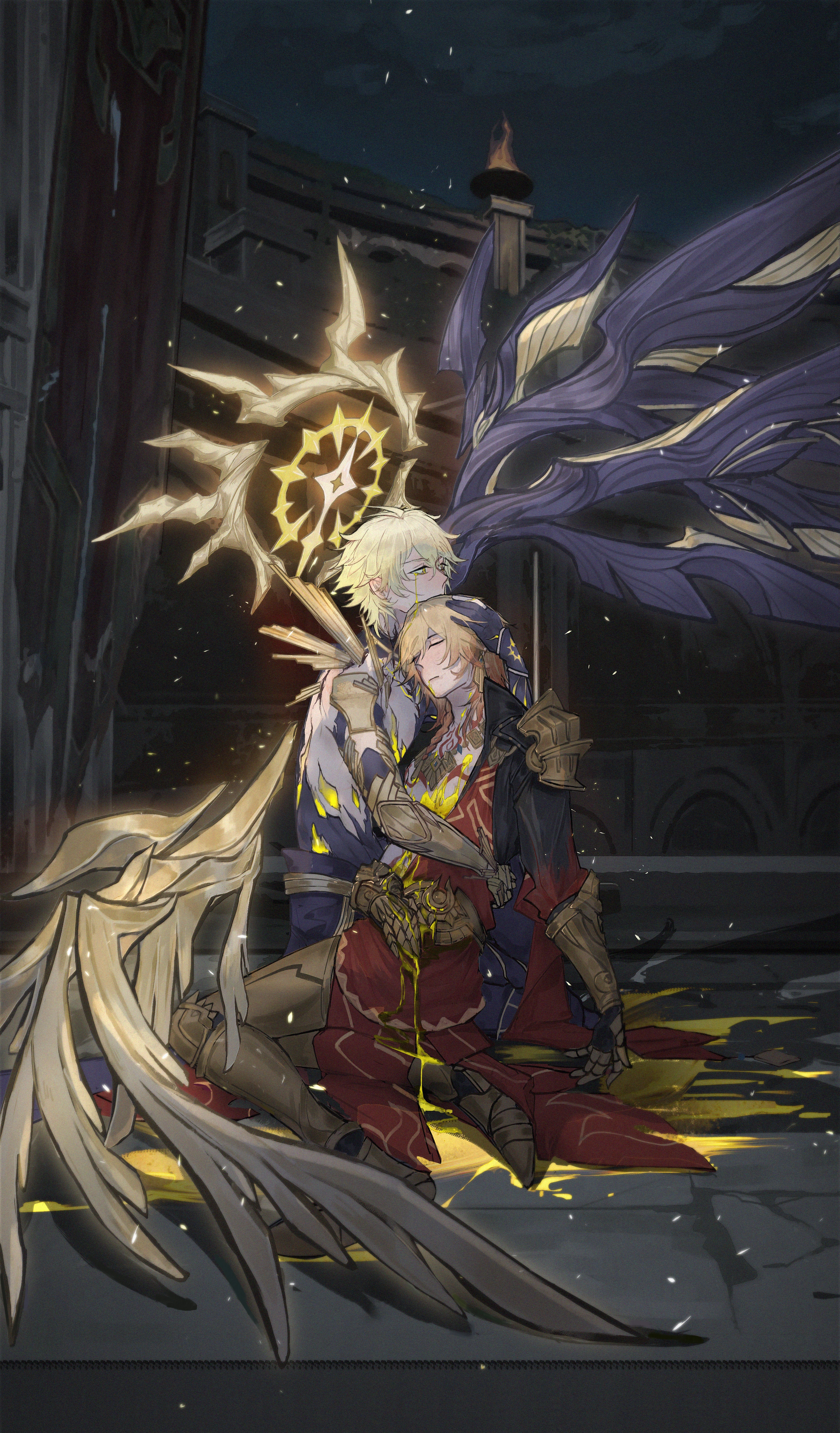 mydei (honkai: star rail), phainon (honkai: star rail), phainon (khaslana) (honkai: star rail), honkai: star rail, honkai (series), absurdres, chinese commentary, commentary request, highres, 2boys, arm tattoo, armor, armored boots, as46458637, asymmetrical wings, black coat, black wings, blonde hair, blood, bloody tears, boots, braid, cape, chest tattoo, clawed gauntlets, closed eyes, coat, cracked skin, deep wound, gradient hair, halo, halo behind head, hand on another's head, hand on another's waist, injury, male focus, material growth, medium hair, multicolored hair, multiple boys, open clothes, open coat, pauldrons, red cape, red hair, red tattoo, shoulder armor, side braid, single pauldron, tattoo, wings, yaoi, yellow blood, yellow eyes, yellow wings