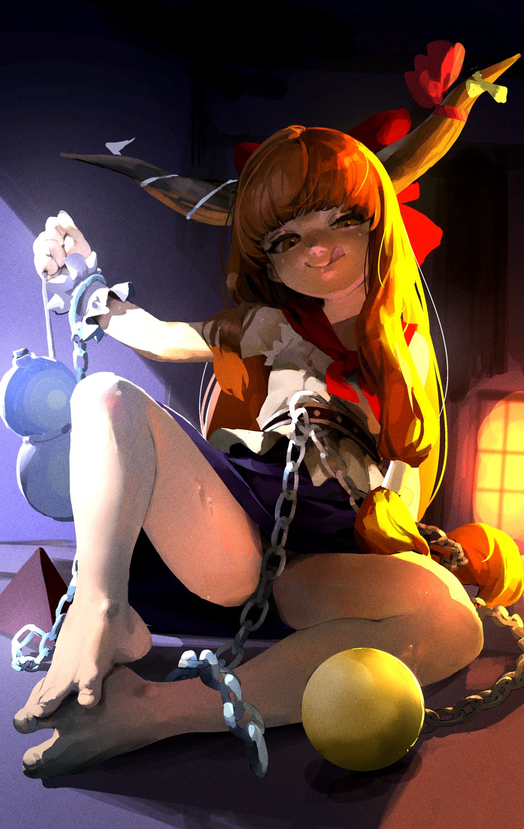 eric ueda, ibuki suika, touhou, commentary request, highres, 1girl, :q, arm up, bare arms, bare legs, barefoot, blunt bangs, brown eyes, chain, convenient censoring, eyebrows hidden by hair, full body, gourd, half-closed eyes, holding, holding gourd, horns, indoors, knees apart feet together, long hair, nose, orange hair, purple skirt, skirt, solo, toenails, toes, tongue, tongue out, torn clothes, torn sleeves, underlighting, very long hair, wrist cuffs