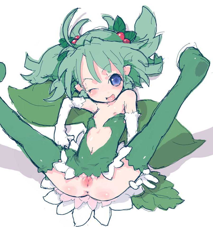 najimi shin, konoha (shinrabanshou), shinrabanshou, 1girl, anus, blue eyes, boots, censored, dress, elbow gloves, fairy, female focus, flat chest, gaping, gloves, green boots, green hair, holly, leaf, loli, lying, monster girl, navel, nipples, no panties, one eye closed, plant girl, pointy ears, pussy, short twintails, solo, spread legs, spread pussy, thigh boots, thighhighs, twintails, wings, wink