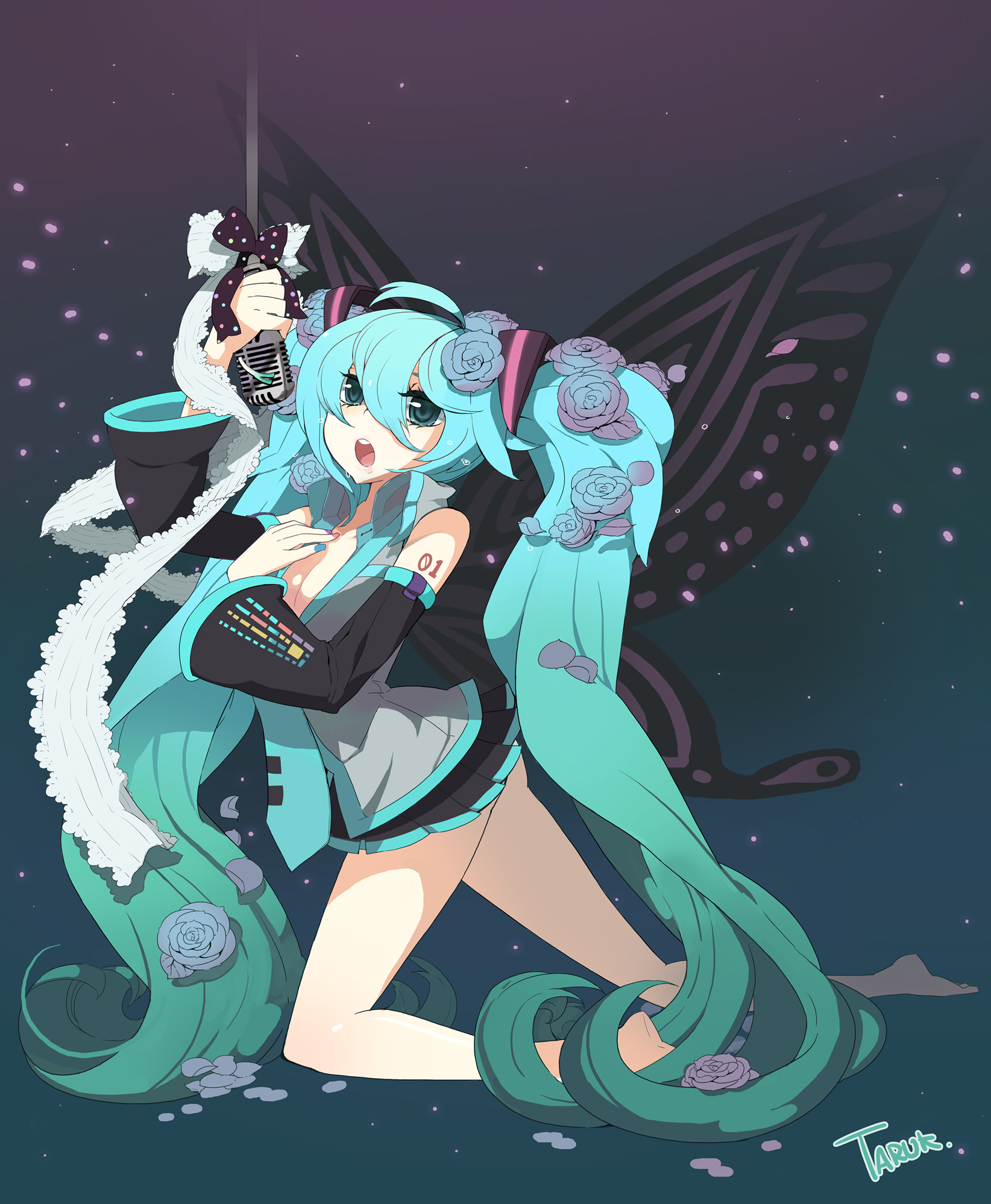 taruk, hatsune miku, vocaloid, highres, 1girl, aqua eyes, aqua hair, barefoot, breasts, bug, butterfly, butterfly wings, cleavage, detached sleeves, female focus, flower, green eyes, green hair, insect, insect wings, large breasts, long hair, matching hair/eyes, microphone, open clothes, open shirt, ribbon, shirt, skirt, solo, twintails, very long hair, vintage microphone, wings