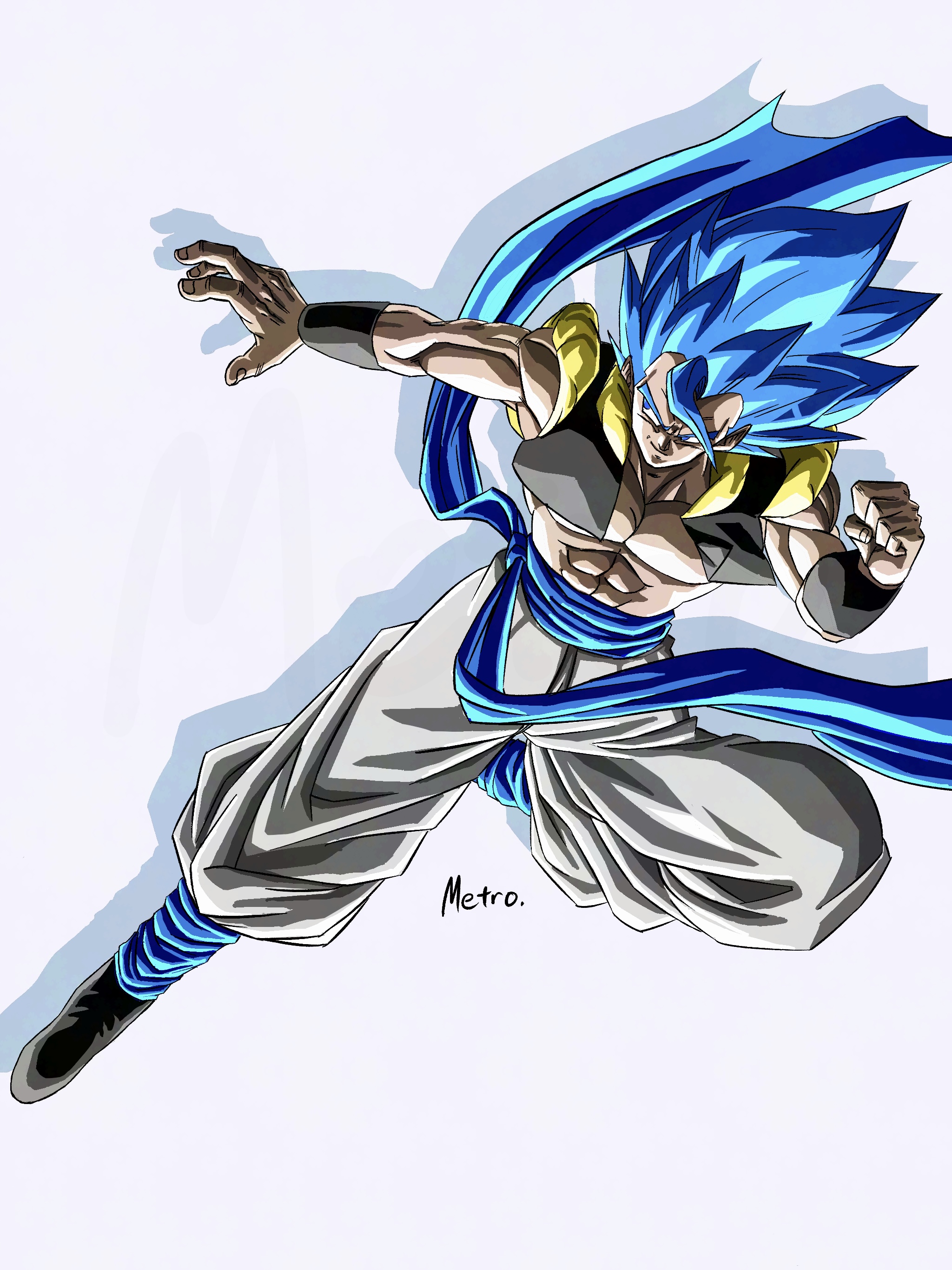 yamuchasiyagatte, gogeta, dragon ball, dragon ball super, dragon ball super broly, absurdres, highres, 1boy, abs, artist name, bare shoulders, black vest, blue sash, cropped vest, full body, male focus, metamoran vest, muscular, muscular male, no shirt, open clothes, open vest, pants, sash, shadow, solo, spiked hair, super saiyan, super saiyan blue, vest, white pants