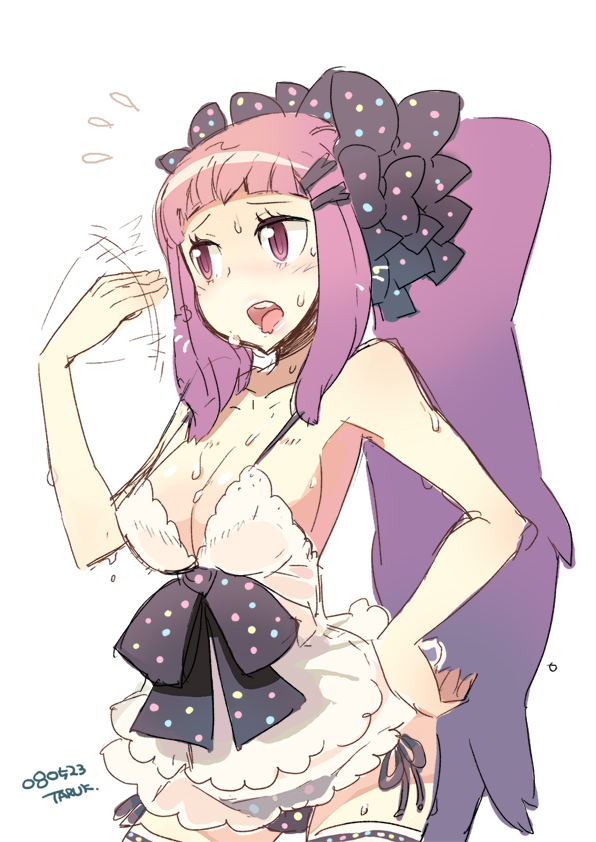 taruk, original, 1girl, blush, breasts, female focus, long hair, medium breasts, panties, purple eyes, purple hair, ribbon, solo, sweat, underwear