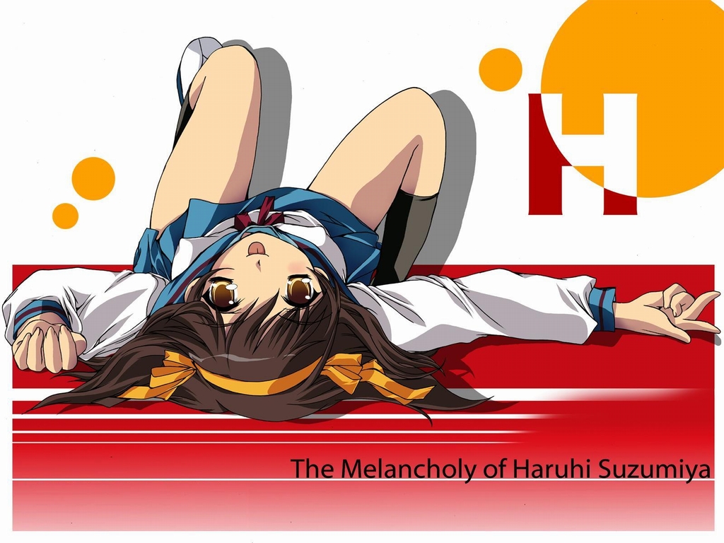 aizawa hiroshi, suzumiya haruhi, suzumiya haruhi no yuuutsu, 00s, 1girl, brown hair, female focus, hair ribbon, lying, ribbon, school uniform, serafuku, solo, tongue, upside-down, yellow eyes