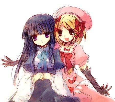 suzushiro kurumi, frederica bernkastel, lambdadelta, umineko no naku koro ni, lowres, 00s, 2girls, blonde hair, blue hair, hat, multiple girls, orange eyes, pink hat, purple eyes, sketch