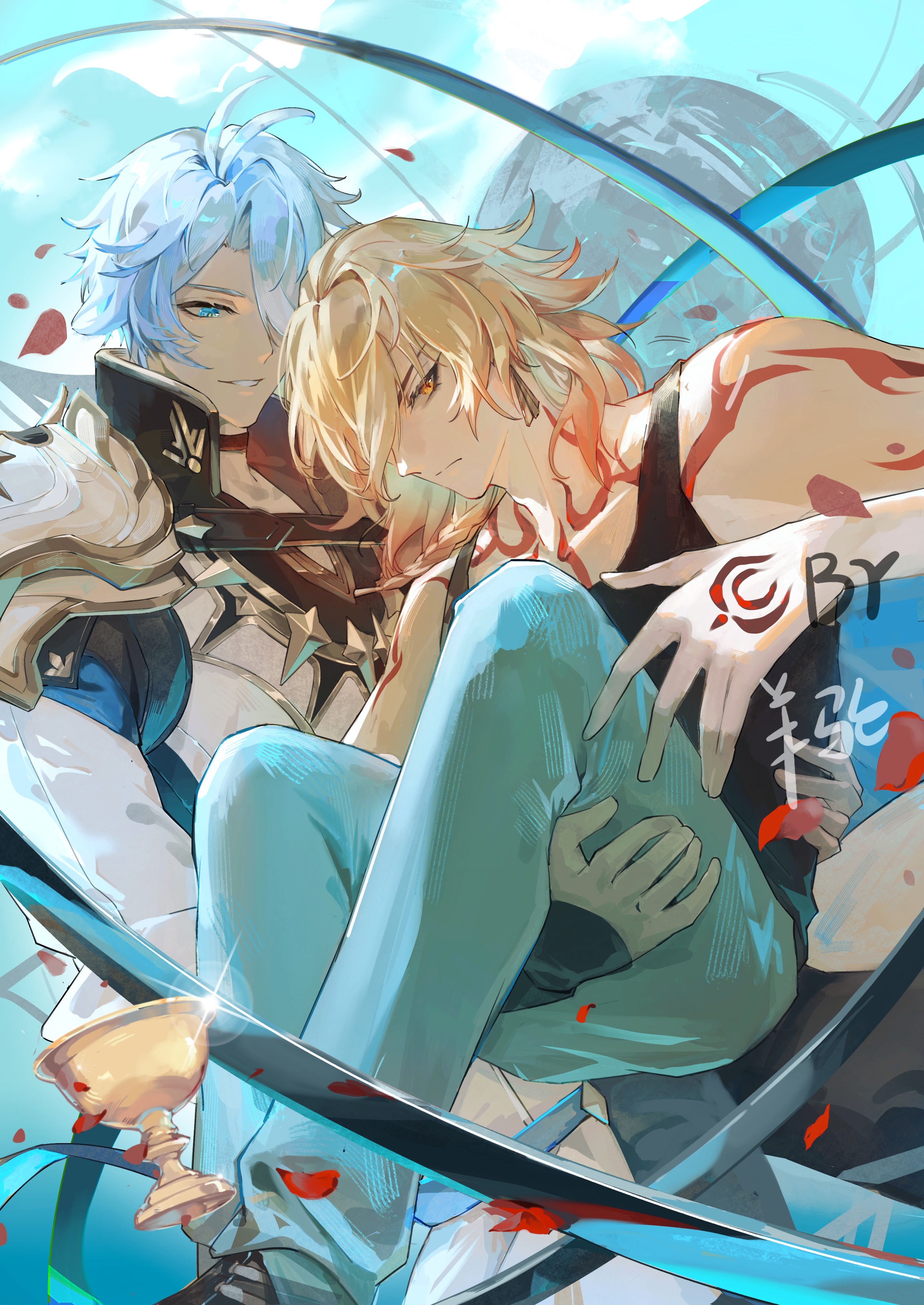 mydei (honkai: star rail), phainon (honkai: star rail), honkai: star rail, honkai (series), absurdres, chinese commentary, commentary request, highres, 02200059as, 2boys, antenna hair, arm tattoo, armor, black choker, black pants, black shirt, black tank top, blonde hair, blue eyes, braid, carrying, chest tattoo, choker, coat, denim, earrings, facial tattoo, falling petals, gold earrings, gradient hair, jeans, jewelry, male focus, medium hair, multicolored hair, multiple boys, pants, parted bangs, pauldrons, petals, princess carry, red hair, red tattoo, shirt, short hair, shoulder armor, side braid, single pauldron, tank top, tattoo, white coat, white hair, yaoi, yellow eyes