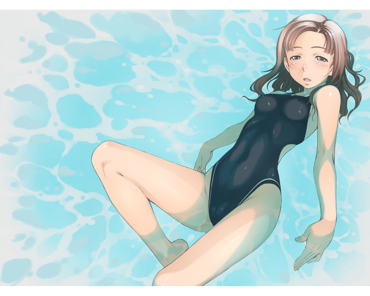 sakura kotetsu, kawada tomoko, kimi kiss, 1girl, afloat, blush, brown hair, competition swimsuit, female focus, floating, grey eyes, half-closed eyes, long hair, looking at viewer, one-piece swimsuit, open mouth, partially submerged, pool, single vertical stripe, solo, swimsuit, water