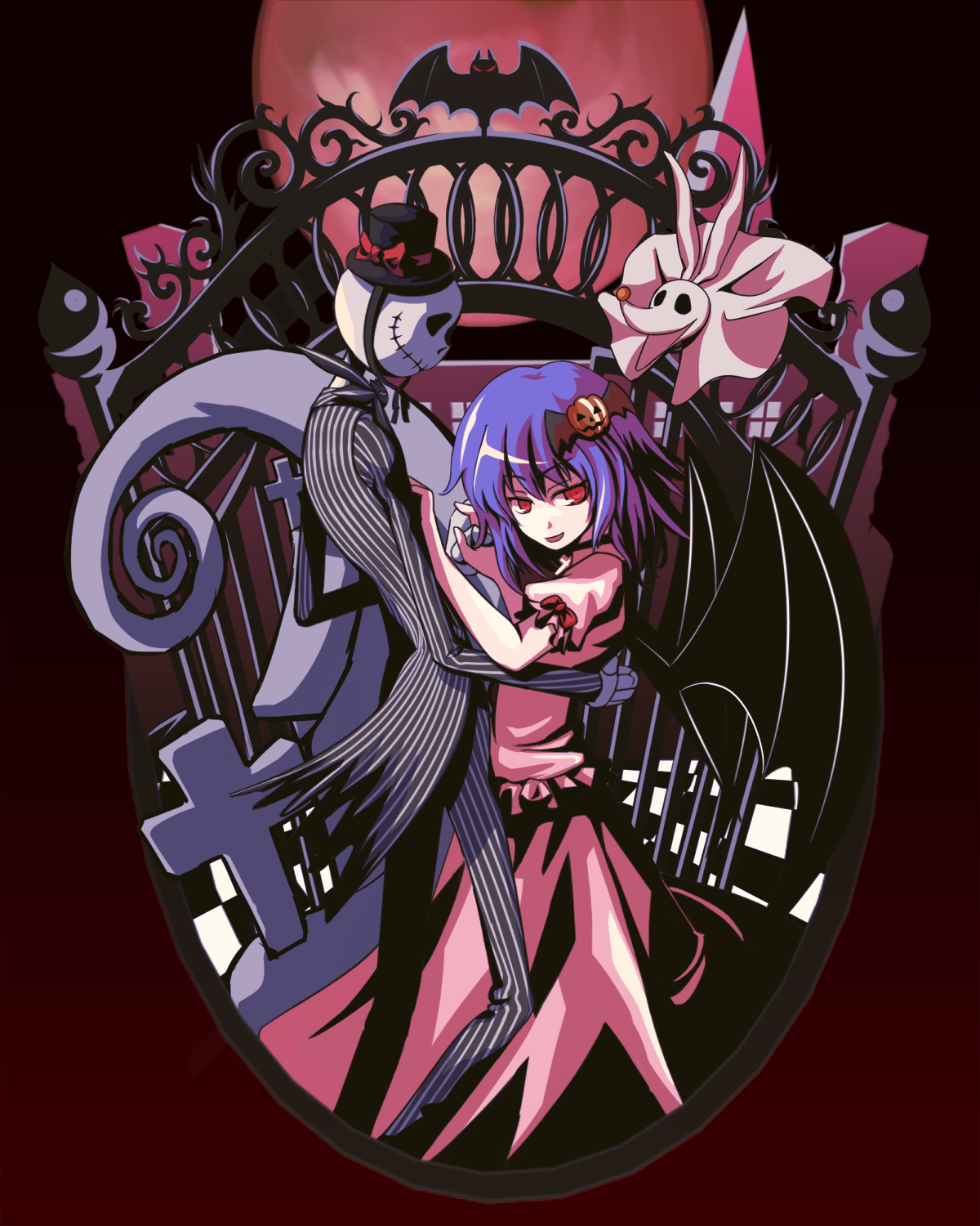 tori rui, jack skellington, remilia scarlet, zero (nbc), nbc, the nightmare before christmas, touhou, highres, 1girl, blue hair, bow, cross, crossover, dancing, gate, hair ornament, halloween, hat, hat bow, jack-o'-lantern, pinstripe pattern, red eyes, ribbon, short hair, top hat, wings