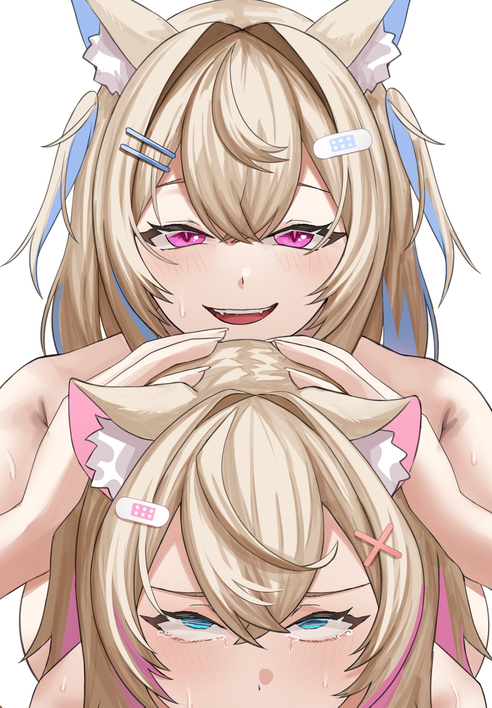 si farid, fuwawa abyssgard, mococo abyssgard, hololive, hololive english, highres, 2girls, animal ear fluff, animal ears, blue eyes, blue hair, blush, close-up, dog ears, dog girl, implied fellatio, implied sex, long hair, multiple girls, parted lips, pink eyes, pink hair, rolling eyes, short hair, siblings, sisters, smile, tears, twins, two side up, virtual youtuber