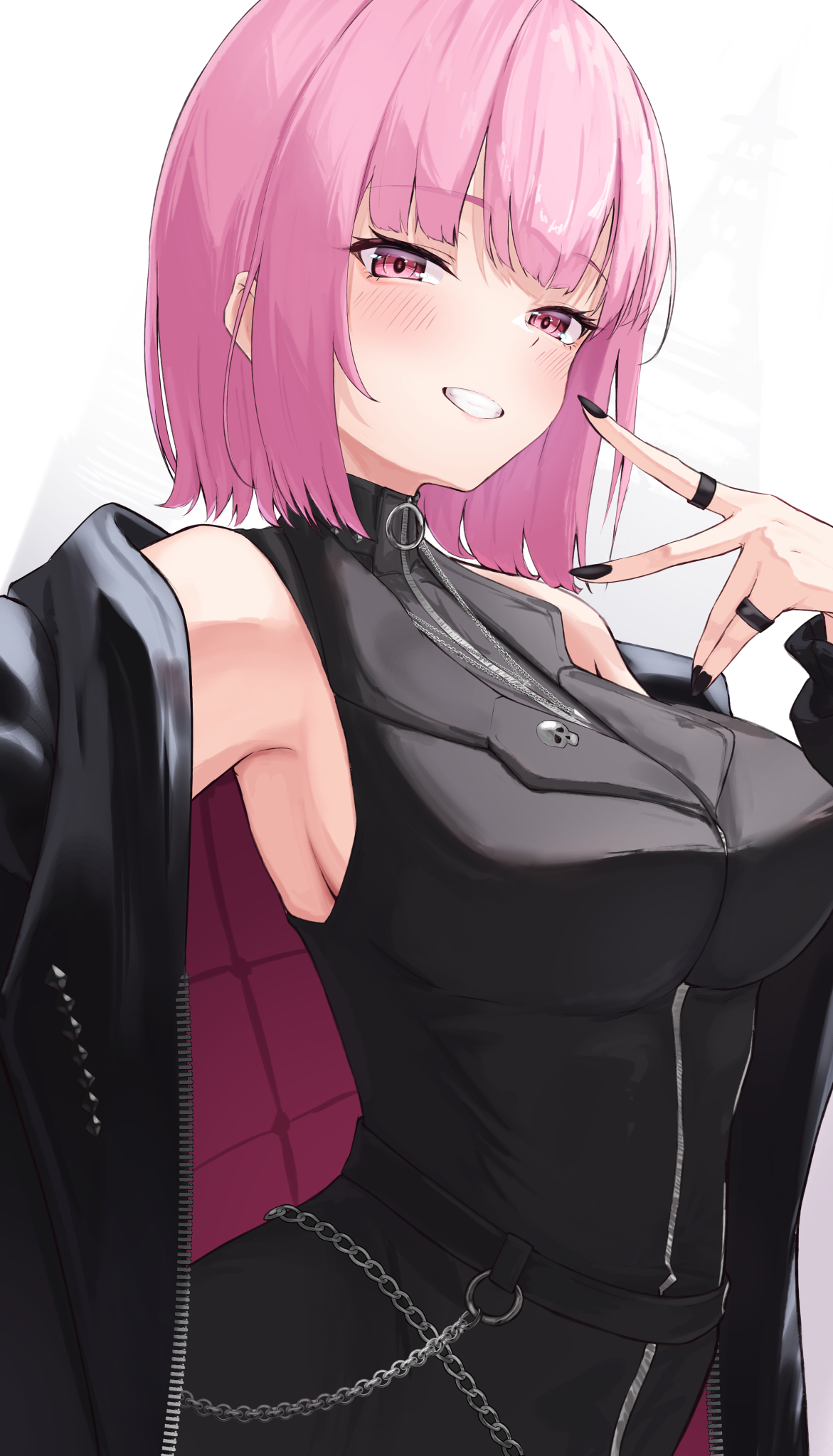 ilie ilie, mori calliope, mori calliope (the story thus far), hololive, hololive english, highres, 1girl, black jacket, black nails, black shirt, blush, closed mouth, jacket, looking at viewer, nail polish, official alternate costume, official alternate hair length, official alternate hairstyle, pink hair, red eyes, shirt, short hair, sleeveless, sleeveless shirt, smile, solo, virtual youtuber, white background
