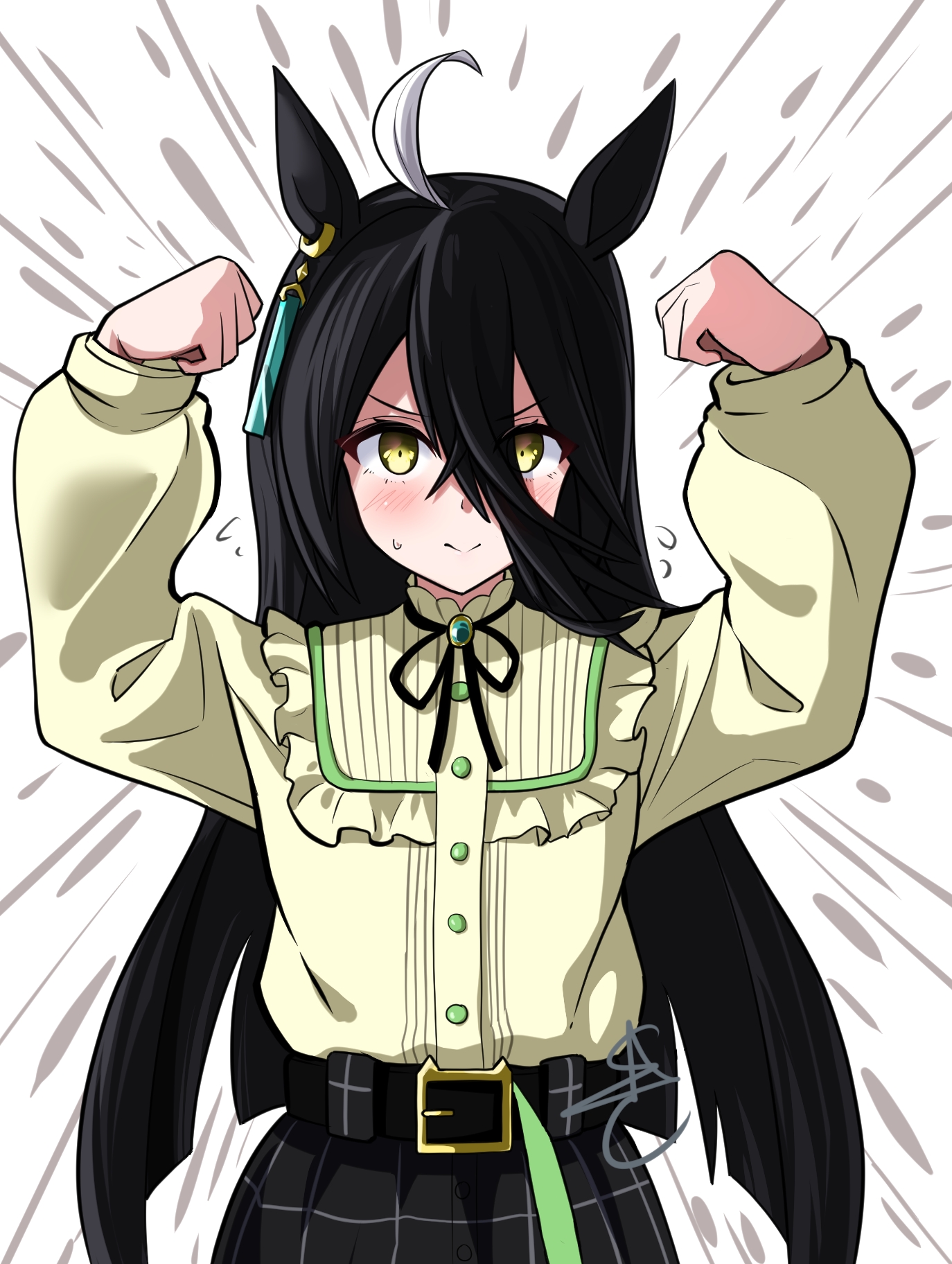slcunix, manhattan cafe (umamusume), umamusume, highres, 1girl, ahoge, arms up, belt, black belt, black hair, black ribbon, black skirt, blush, closed mouth, double biceps pose, ear ornament, ear tag, earrings, emphasis lines, flexing, flying sweatdrops, frilled shirt, frilled shirt collar, frills, hair between eyes, jewelry, long bangs, long hair, long hair between eyes, long sleeves, manhattan cafe (casual) (umamusume), multicolored hair, neck ribbon, plaid clothes, plaid skirt, ribbon, shirt, shirt tucked in, single earring, skirt, smile, solo, sweatdrop, very long hair, white hair, yellow eyes, yellow shirt