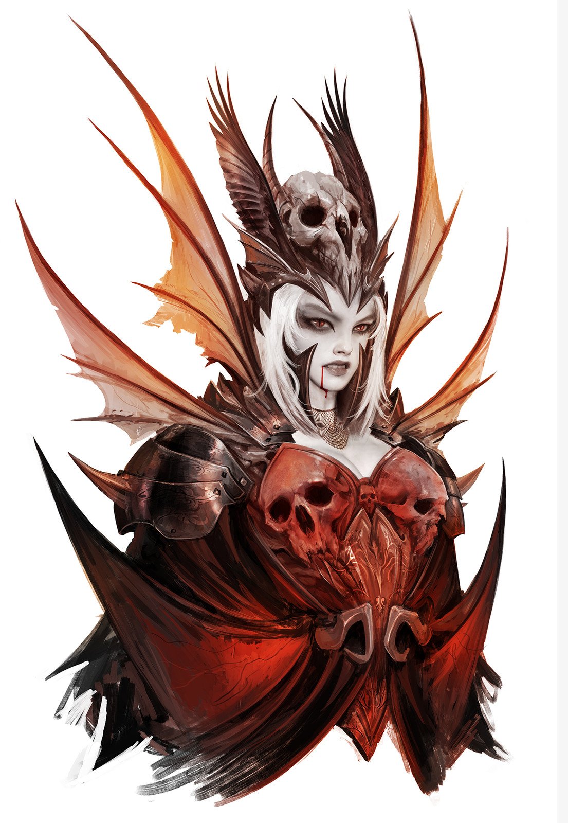 original, highres, 1girl, alexandre chaudret, colored skin, medium hair, red eyes, shoulder fins, shoulder pads, simple background, skull on head, solo, upper body, vampire, white background, white hair, white skin