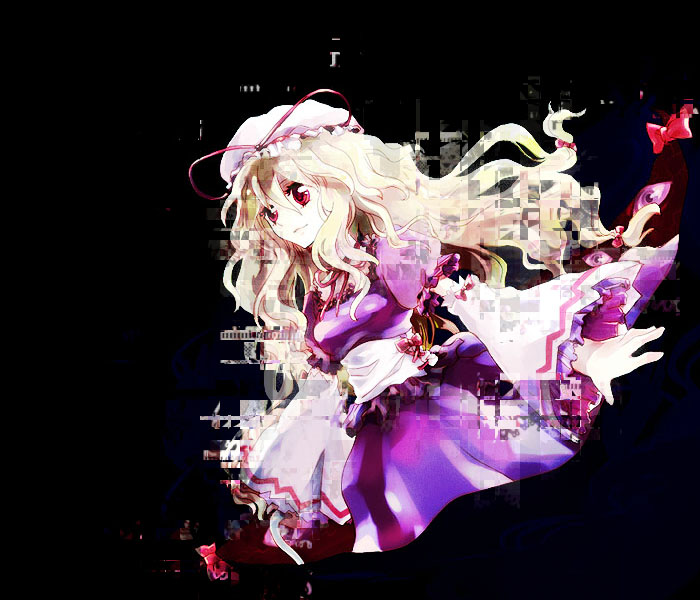 popoin, yakumo yukari, touhou, bad id, bad pixiv id, 1girl, blonde hair, breasts, female focus, glitch, hat, long hair, mob cap, ribbon, solo