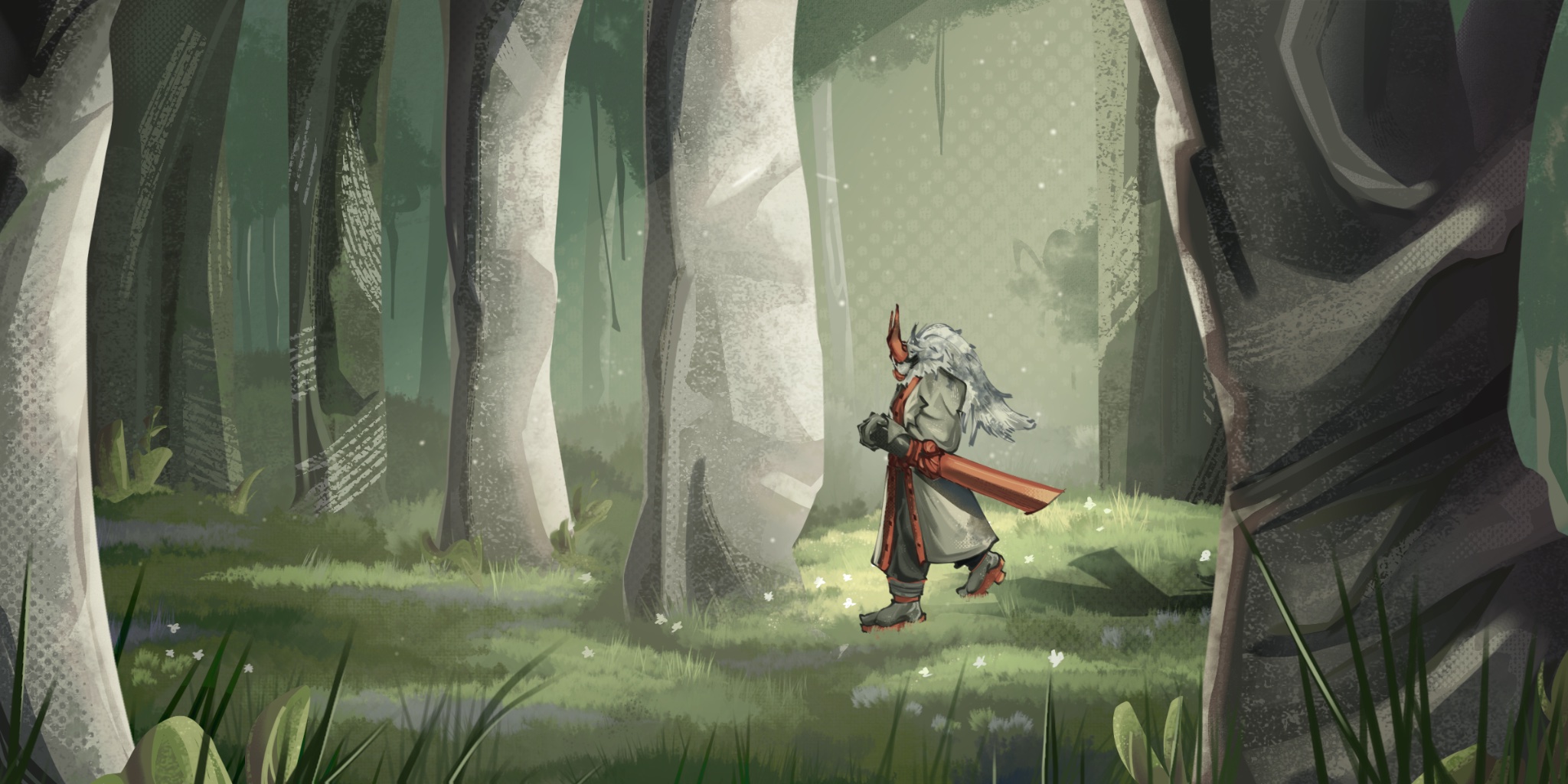 katana (phighting!), phighting!, highres, 1other, boots, forest, full body, grass, horns, light rays, long hair, mask, nature, outdoors, painterly, reveriedyue, robe, scabbard, scenery, sheath, solo, very long hair, walking, white hair, white robe